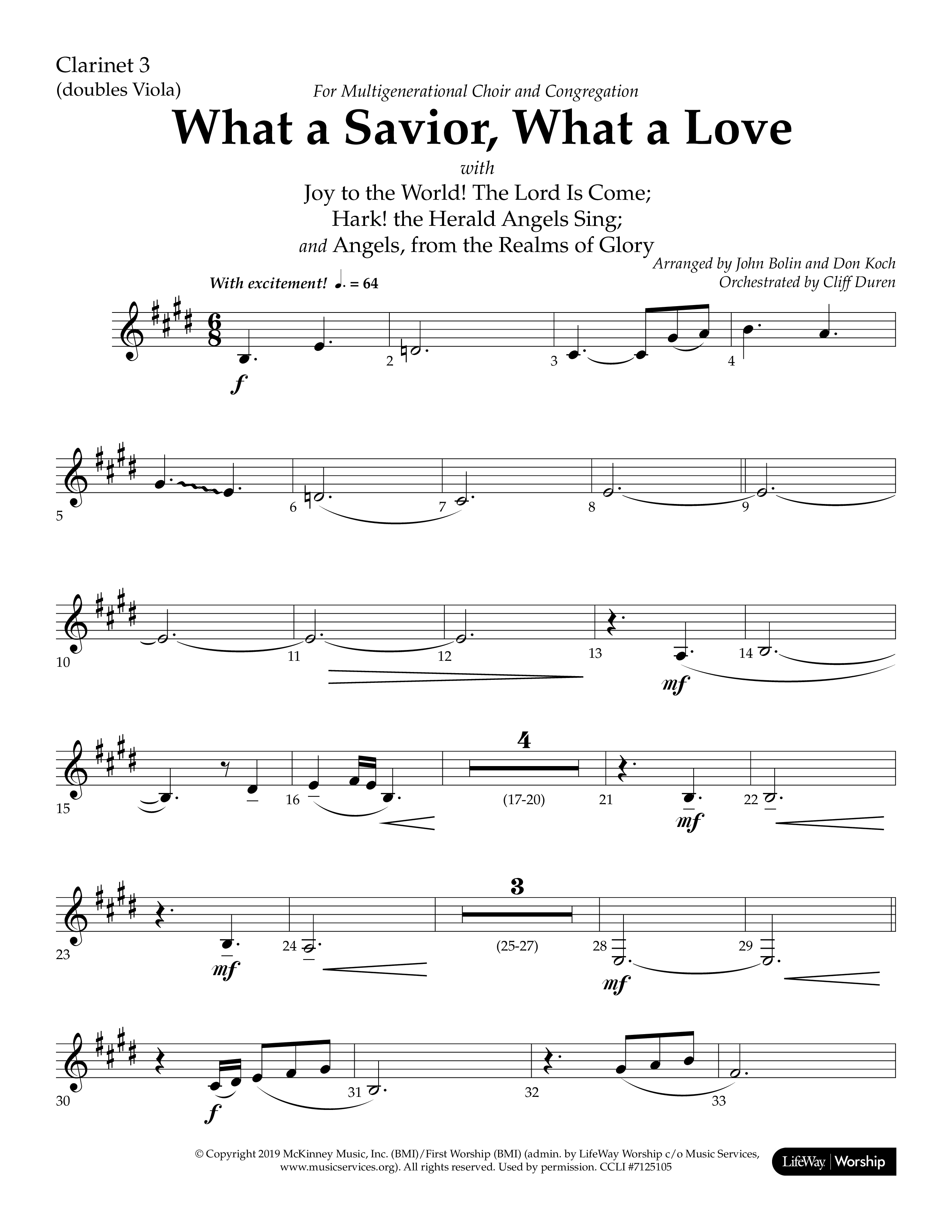 What A Savior What A Love (with Joy To The World, Hark The Herald Angels, Angels From The Realms) (Choral Anthem SATB) Clarinet 3 (Lifeway Choral / Arr. John Bolin / Arr. Don Koch)
