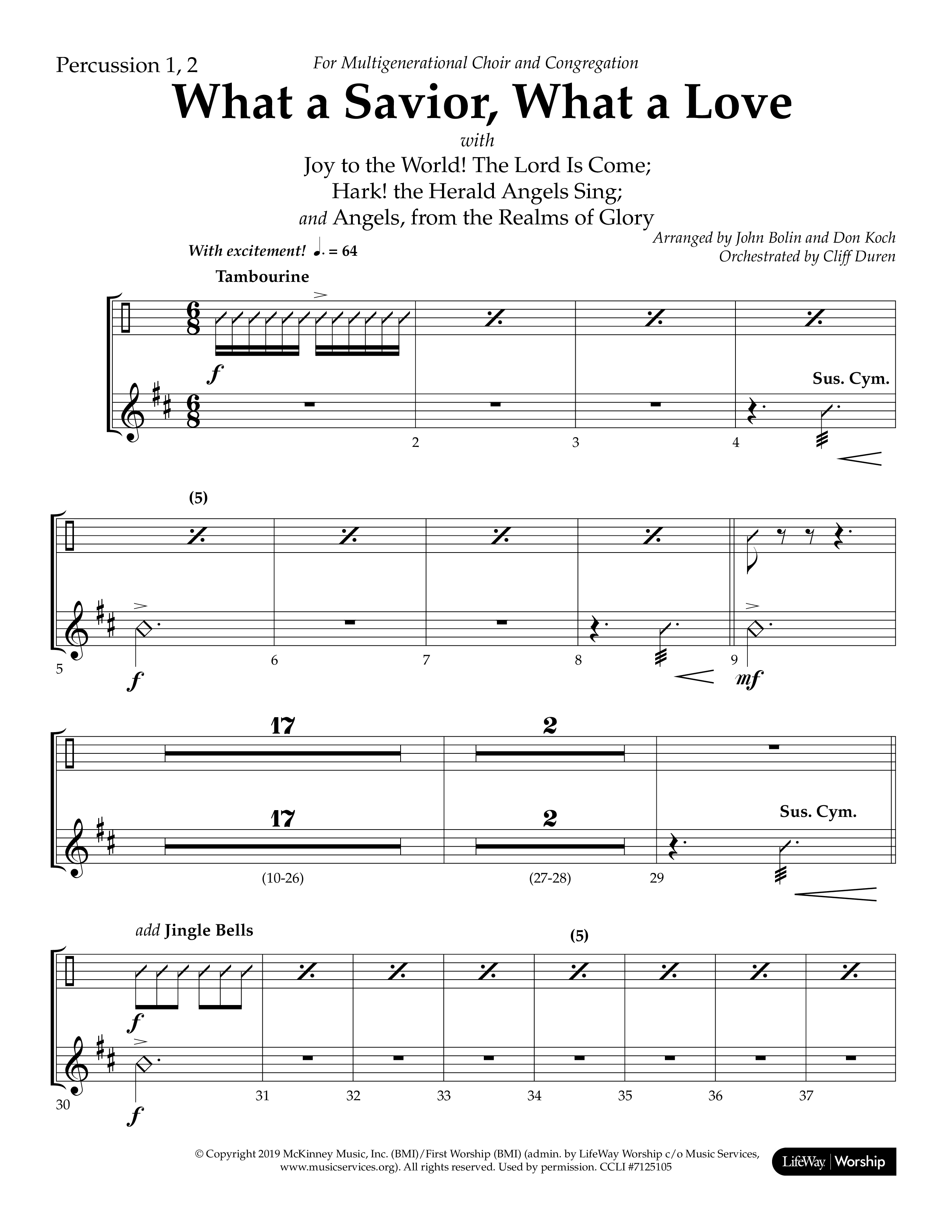 What A Savior What A Love (with Joy To The World, Hark The Herald Angels, Angels From The Realms) (Choral Anthem SATB) Percussion 1/2 (Lifeway Choral / Arr. John Bolin / Arr. Don Koch)