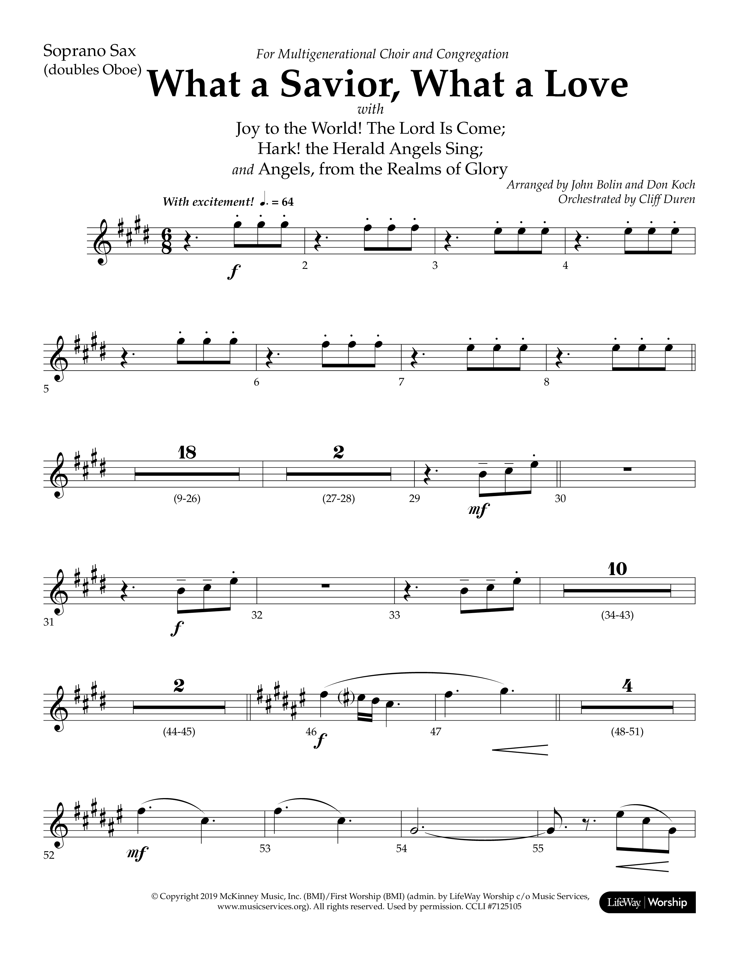 What A Savior What A Love (with Joy To The World, Hark The Herald Angels, Angels From The Realms) (Choral Anthem SATB) Soprano Sax (Lifeway Choral / Arr. John Bolin / Arr. Don Koch)