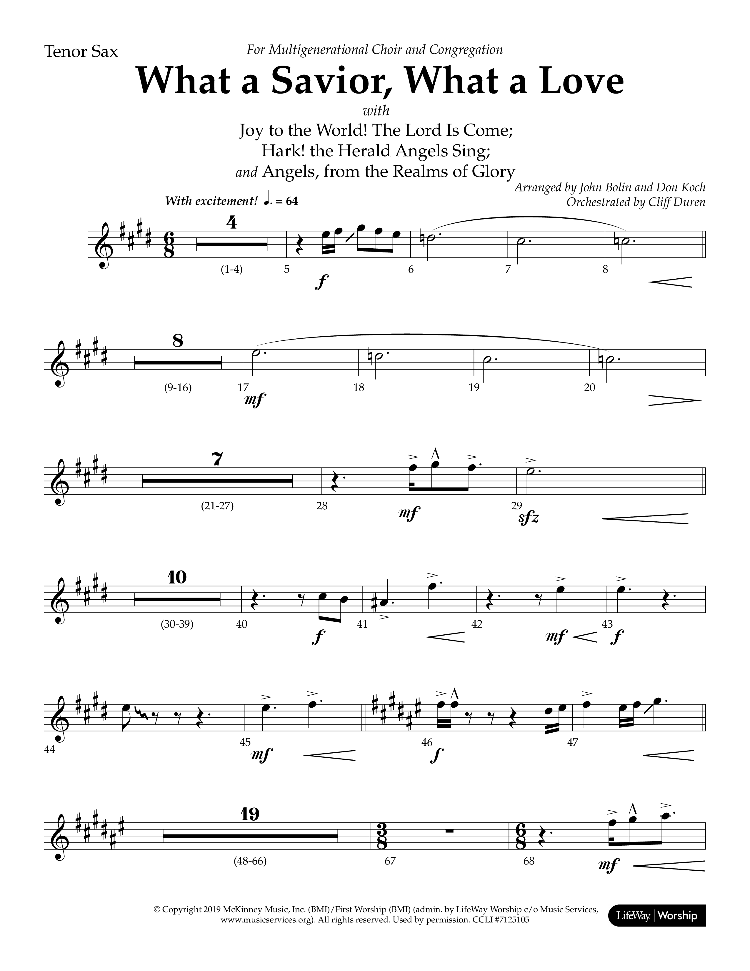 What A Savior What A Love (with Joy To The World, Hark The Herald Angels, Angels From The Realms) (Choral Anthem SATB) Tenor Sax 1 (Lifeway Choral / Arr. John Bolin / Arr. Don Koch)