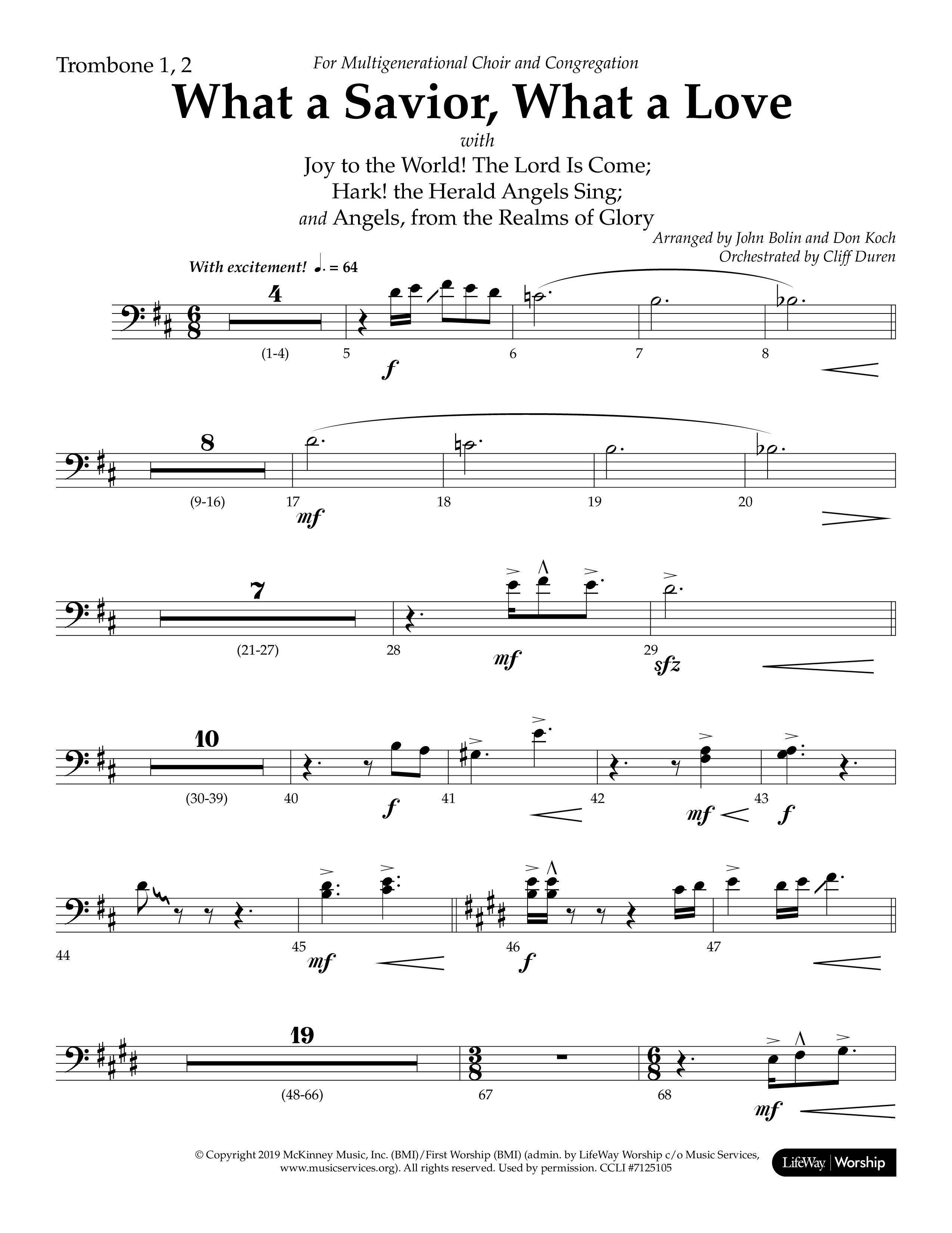 What A Savior What A Love (with Joy To The World, Hark The Herald Angels, Angels From The Realms) (Choral Anthem SATB) Trombone 1/2 (Lifeway Choral / Arr. John Bolin / Arr. Don Koch)