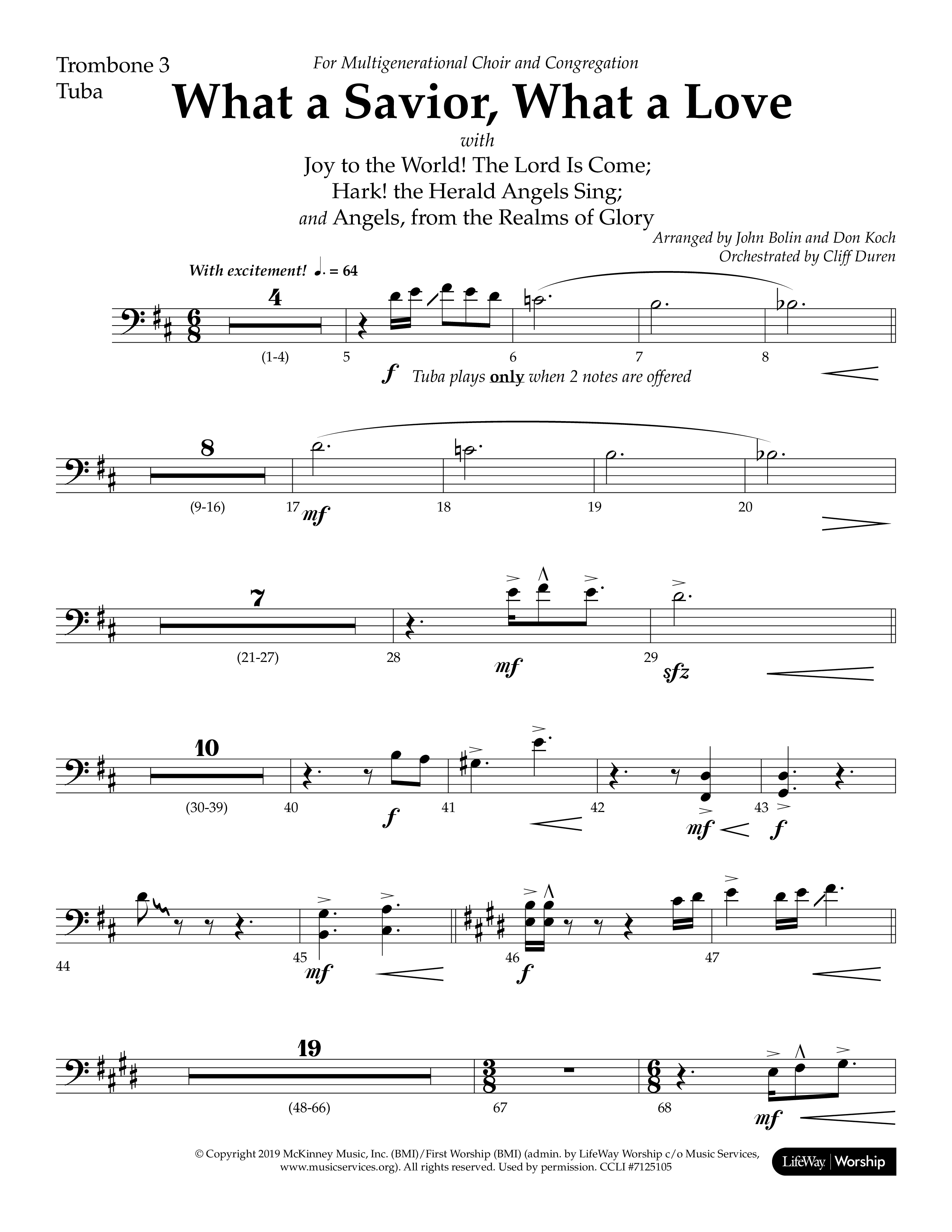 What A Savior What A Love (with Joy To The World, Hark The Herald Angels, Angels From The Realms) (Choral Anthem SATB) Trombone 3/Tuba (Lifeway Choral / Arr. John Bolin / Arr. Don Koch)