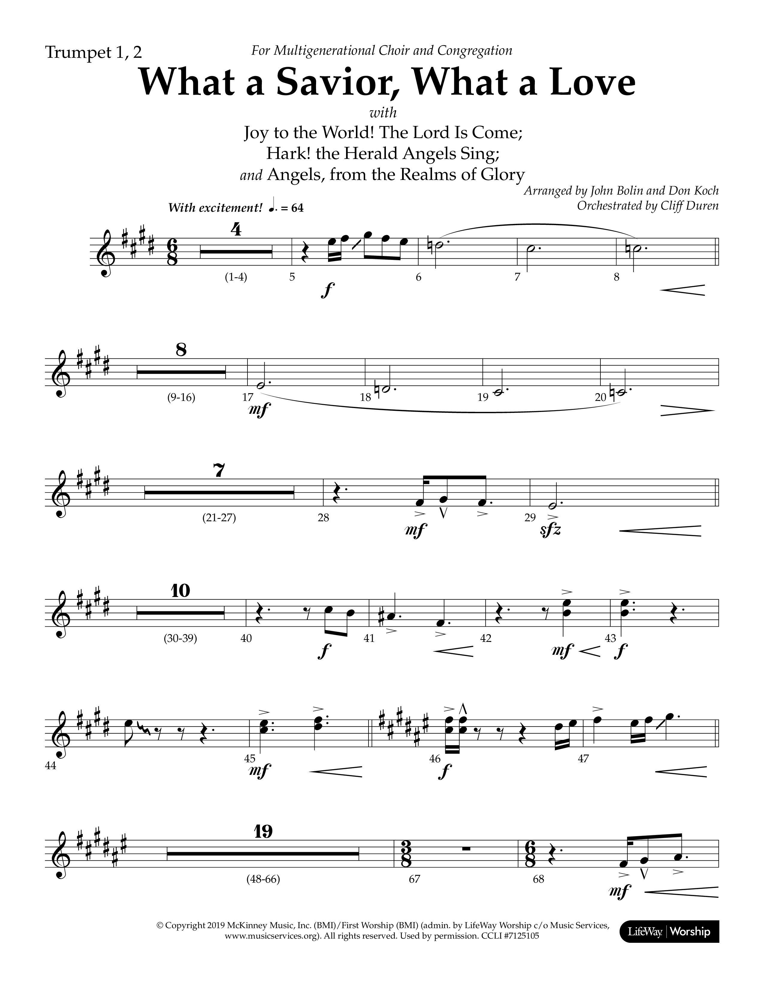 What A Savior What A Love (with Joy To The World, Hark The Herald Angels, Angels From The Realms) (Choral Anthem SATB) Trumpet 1,2 (Lifeway Choral / Arr. John Bolin / Arr. Don Koch)