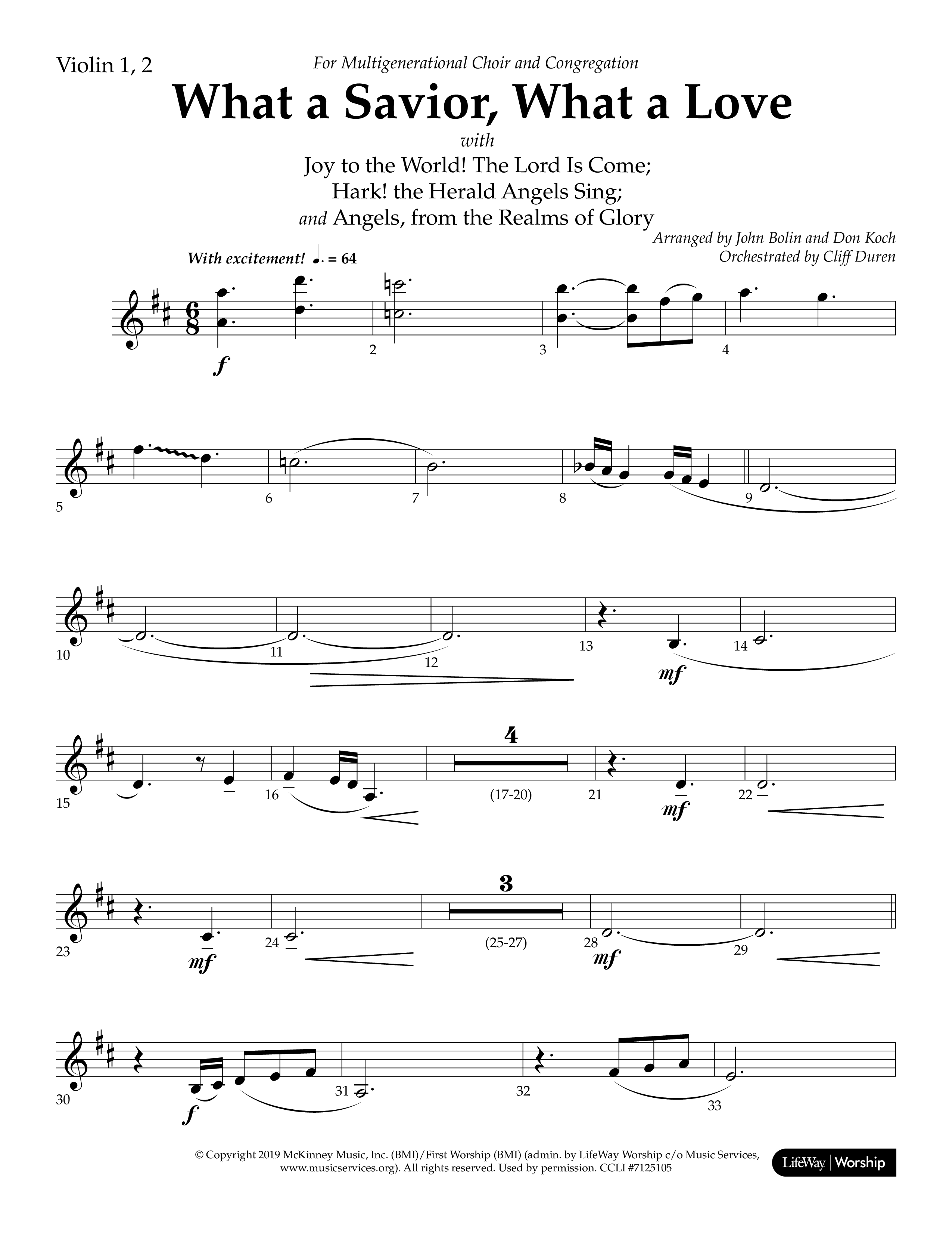 What A Savior What A Love (with Joy To The World, Hark The Herald Angels, Angels From The Realms) (Choral Anthem SATB) Violin 1/2 (Lifeway Choral / Arr. John Bolin / Arr. Don Koch)