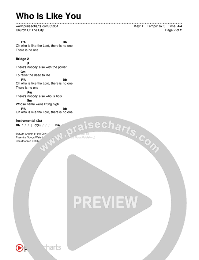 Who Is Like You Chords & Lyrics (Church Of The City)