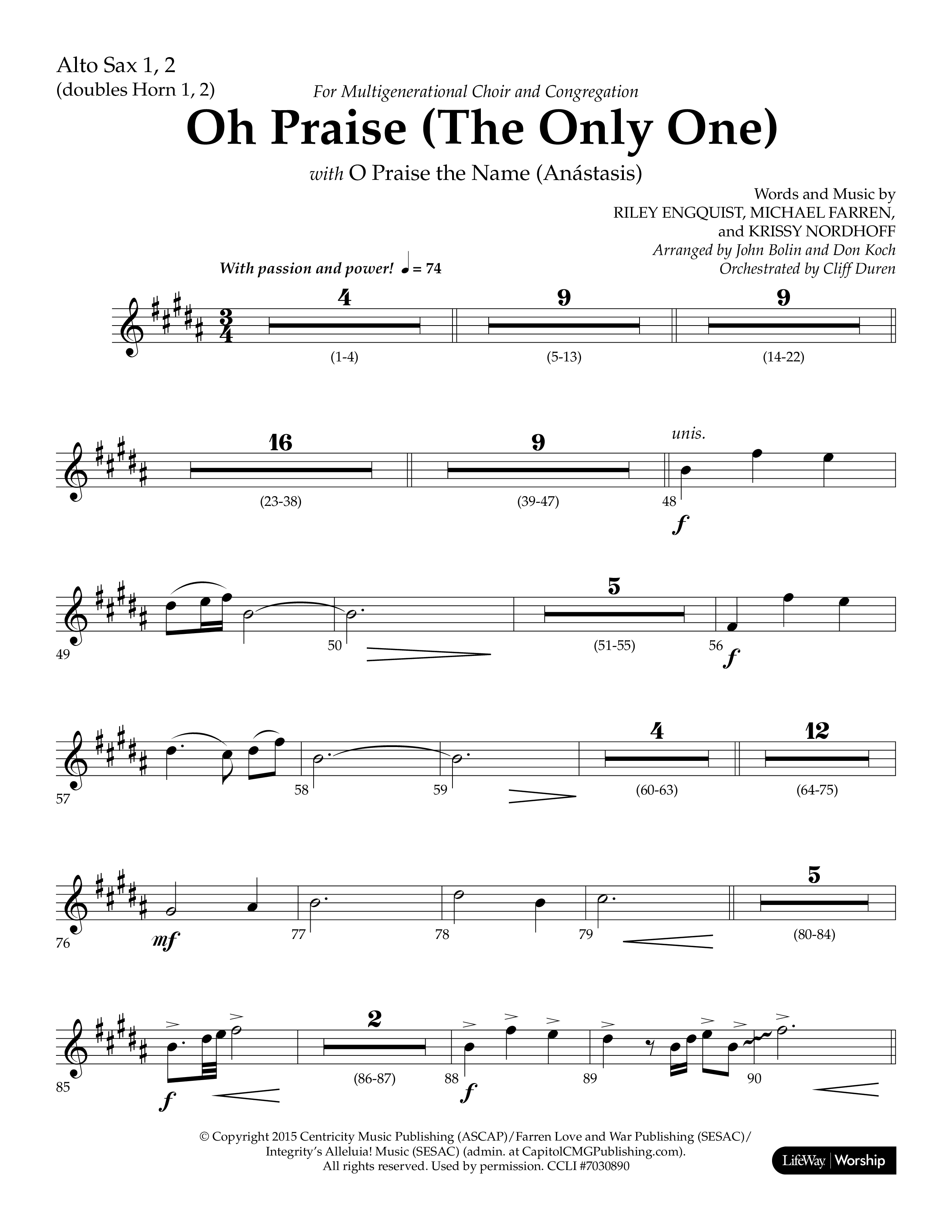 Oh Praise (The Only One) with O Praise The Name (Anastasis) (Choral Anthem SATB) Alto Sax 1/2 (Lifeway Choral / Arr. John Bolin / Arr. Don Koch)