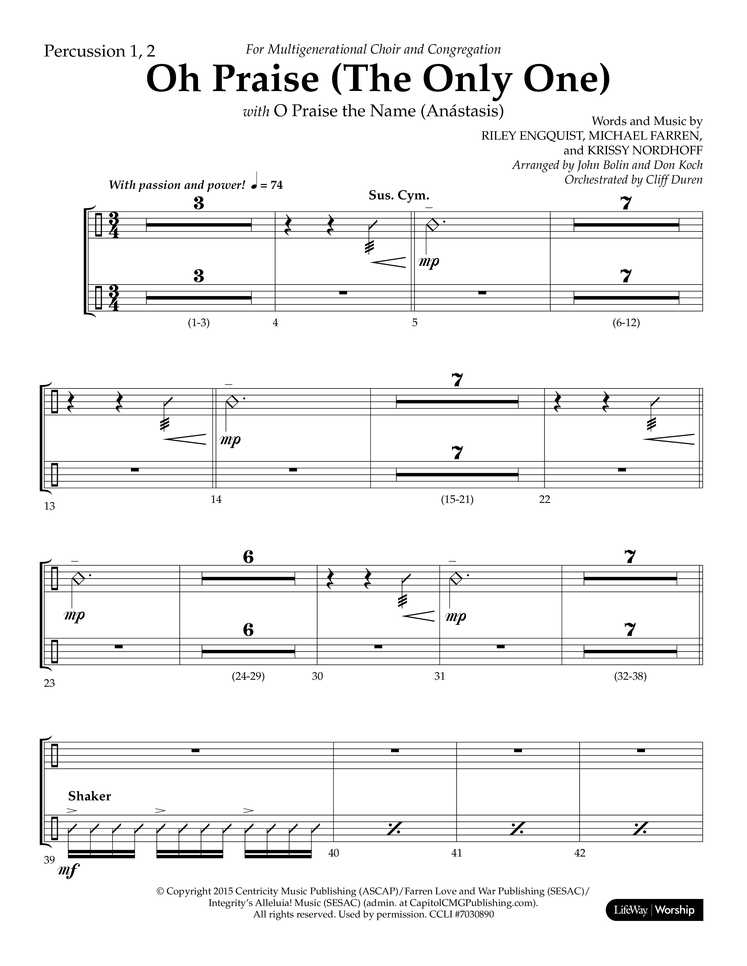Oh Praise (The Only One) with O Praise The Name (Anastasis) (Choral Anthem SATB) Percussion 1/2 (Lifeway Choral / Arr. John Bolin / Arr. Don Koch)