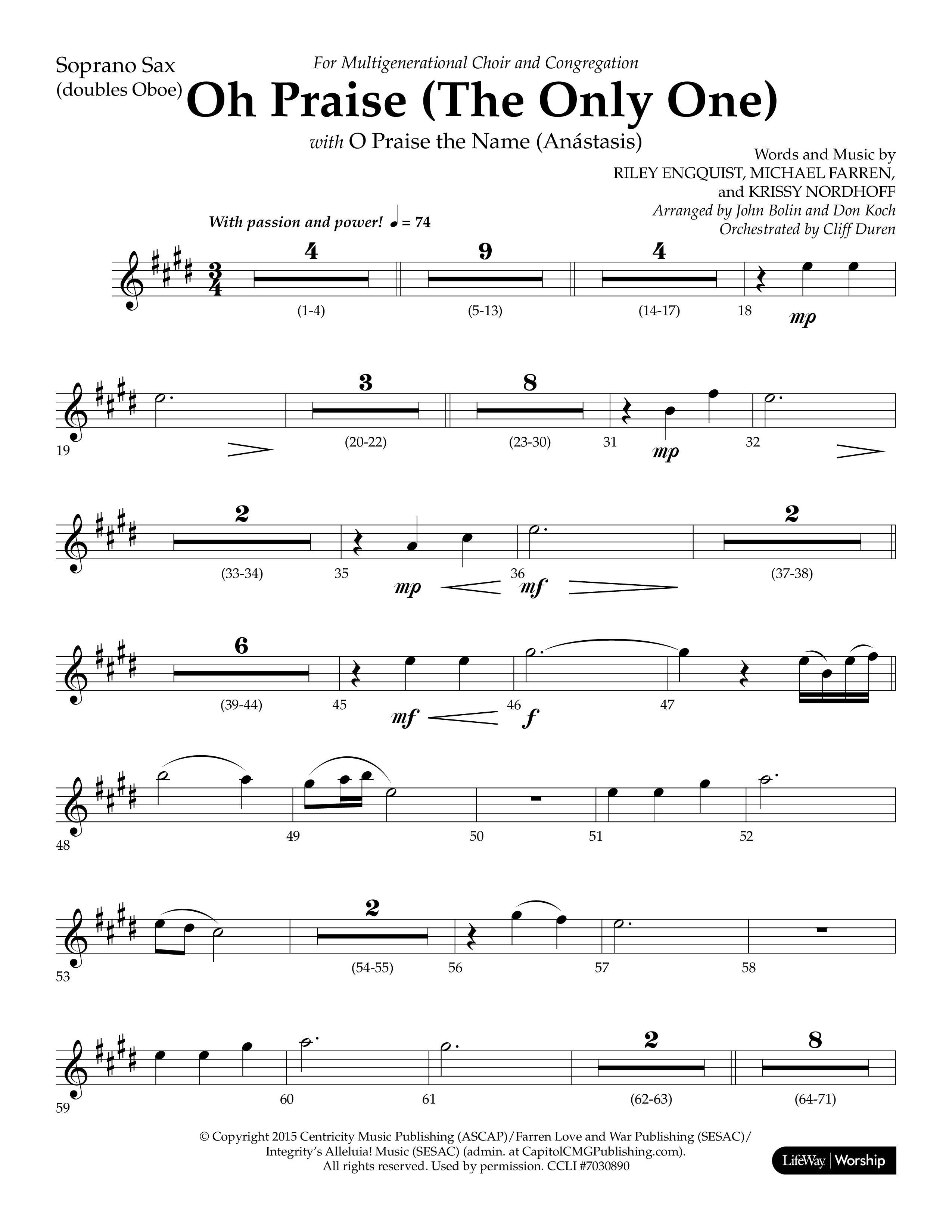 Oh Praise (The Only One) with O Praise The Name (Anastasis) (Choral Anthem SATB) Soprano Sax (Lifeway Choral / Arr. John Bolin / Arr. Don Koch)