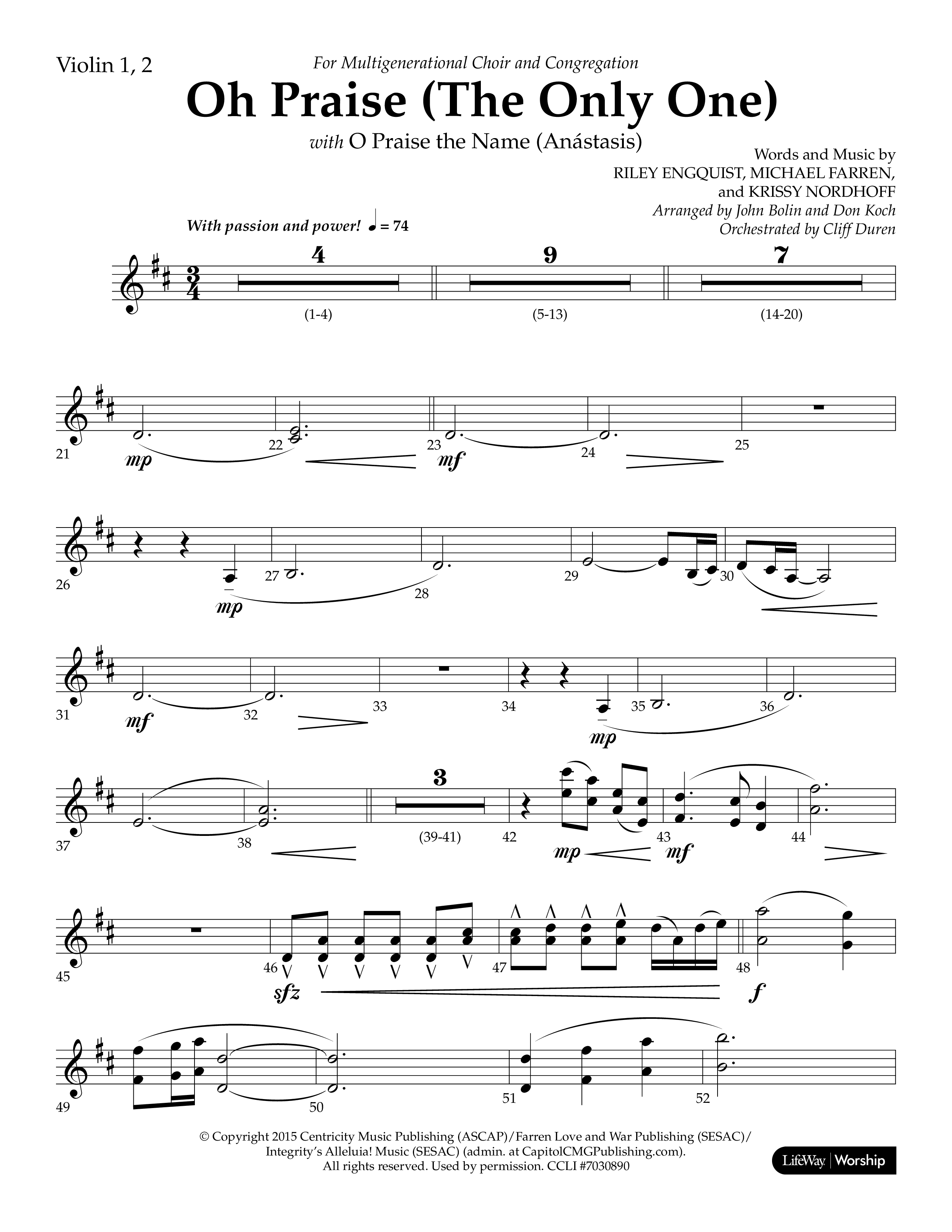 Oh Praise (The Only One) with O Praise The Name (Anastasis) (Choral Anthem SATB) Violin 1/2 (Lifeway Choral / Arr. John Bolin / Arr. Don Koch)