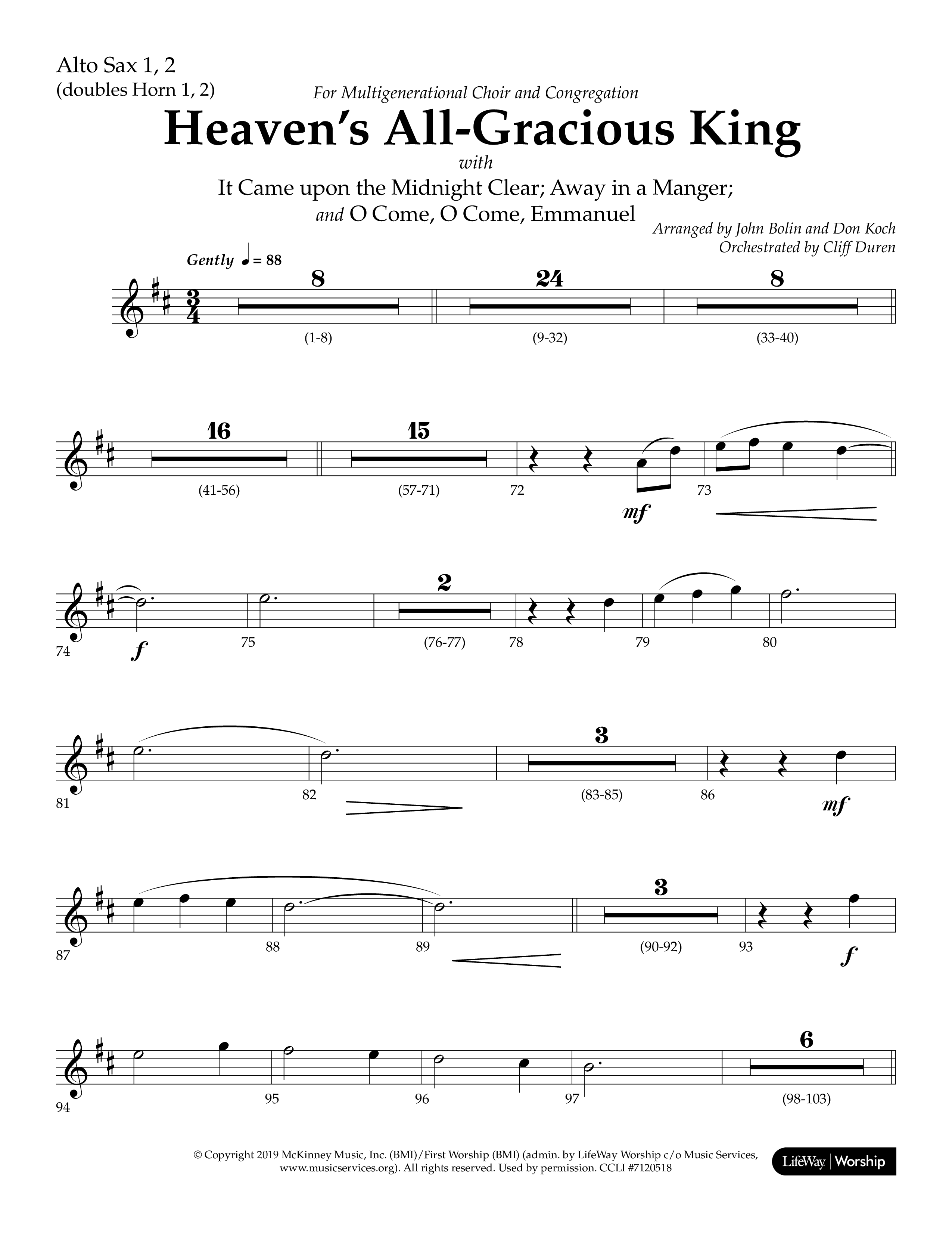 Heaven's All Gracious King (with It Came Upon A Midnight Clear, Away In A Manger, O Come O Come Emma (Choral Anthem SATB) Alto Sax 1/2 (Lifeway Choral / Arr. John Bolin / Arr. Don Koch)