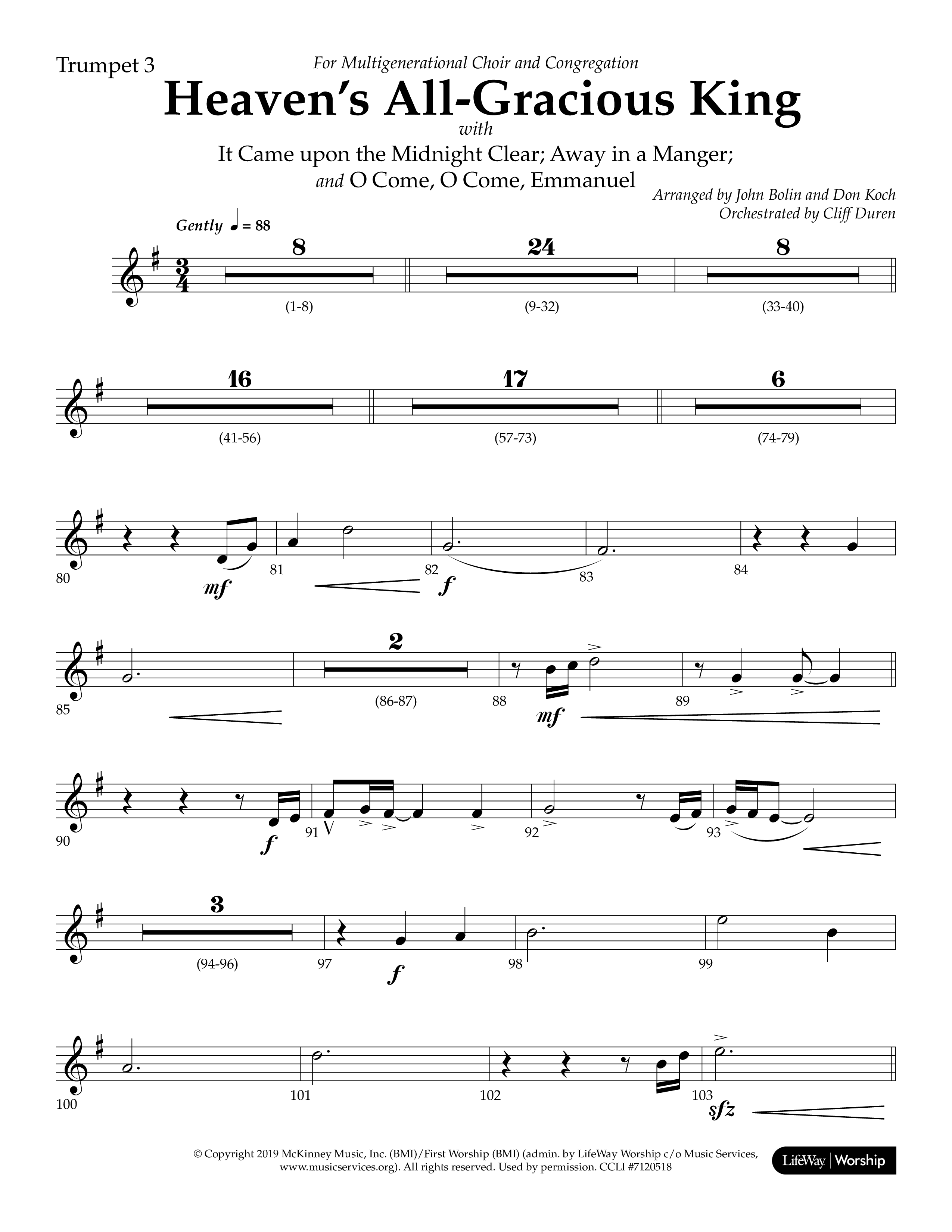 Heaven's All Gracious King (with It Came Upon A Midnight Clear, Away In A Manger, O Come O Come Emma (Choral Anthem SATB) Trumpet 3 (Lifeway Choral / Arr. John Bolin / Arr. Don Koch)