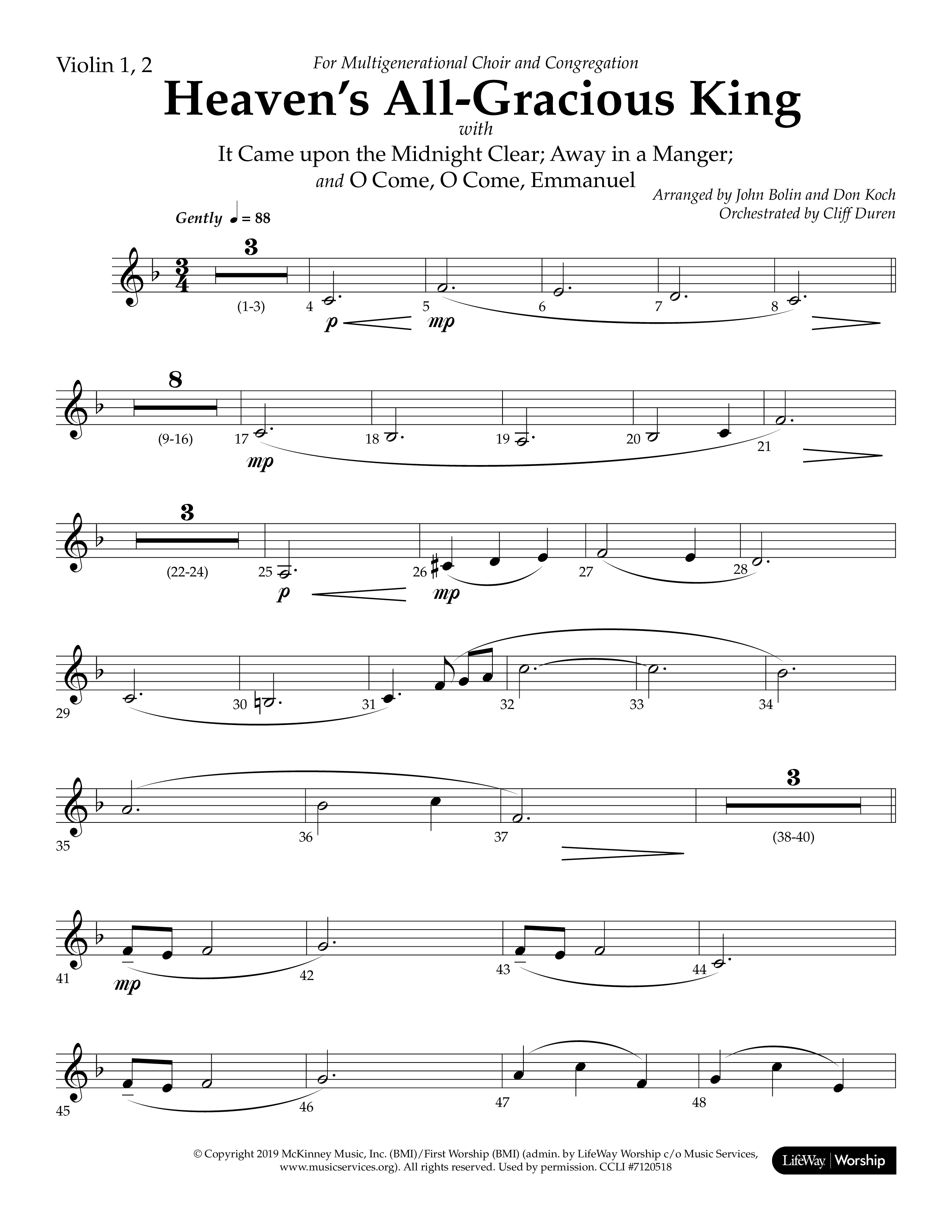 Heaven's All Gracious King (with It Came Upon A Midnight Clear, Away In A Manger, O Come O Come Emma (Choral Anthem SATB) Violin 1/2 (Lifeway Choral / Arr. John Bolin / Arr. Don Koch)