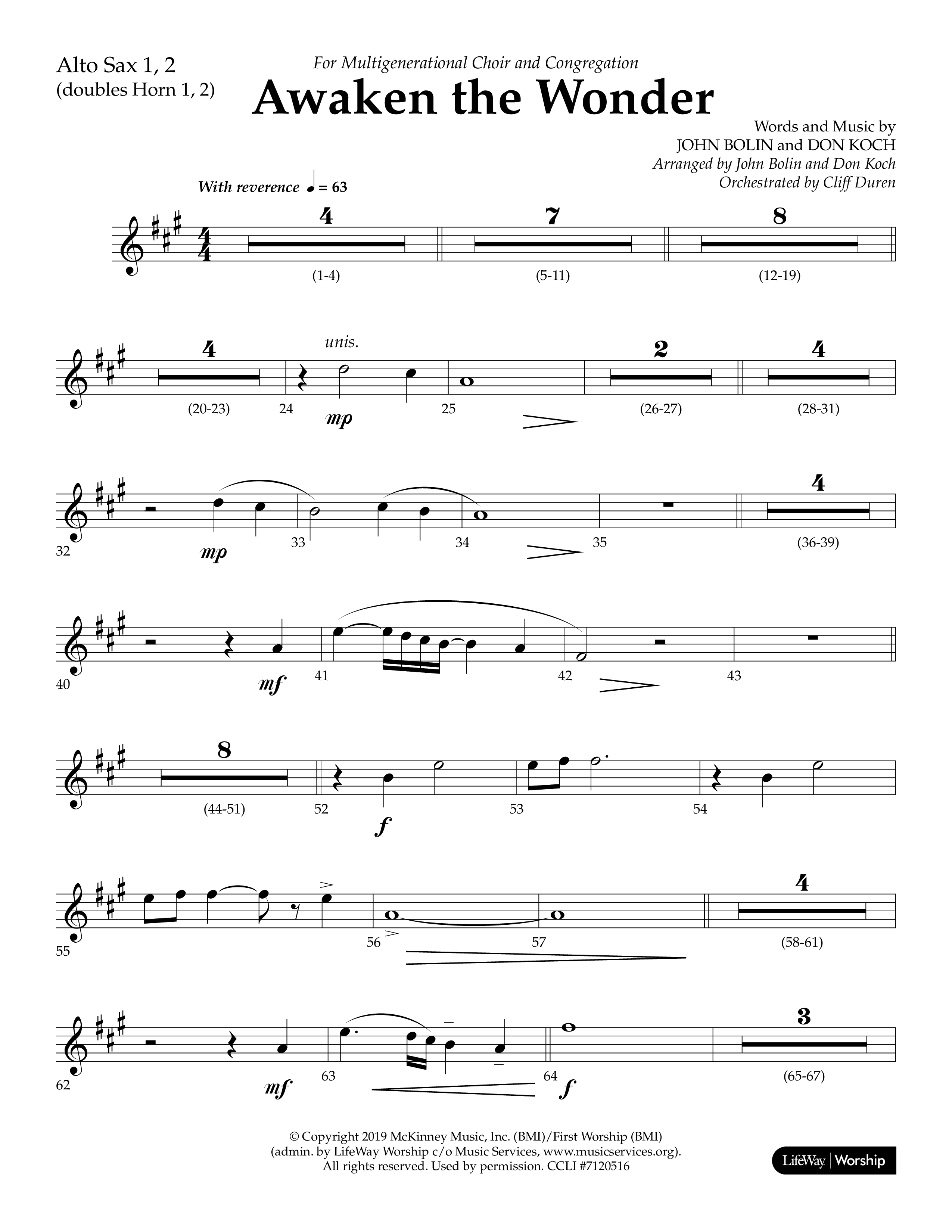 Awaken The Wonder (Choral Anthem SATB) Alto Sax 1/2 (Lifeway Choral / Arr. John Bolin / Arr. Don Koch)