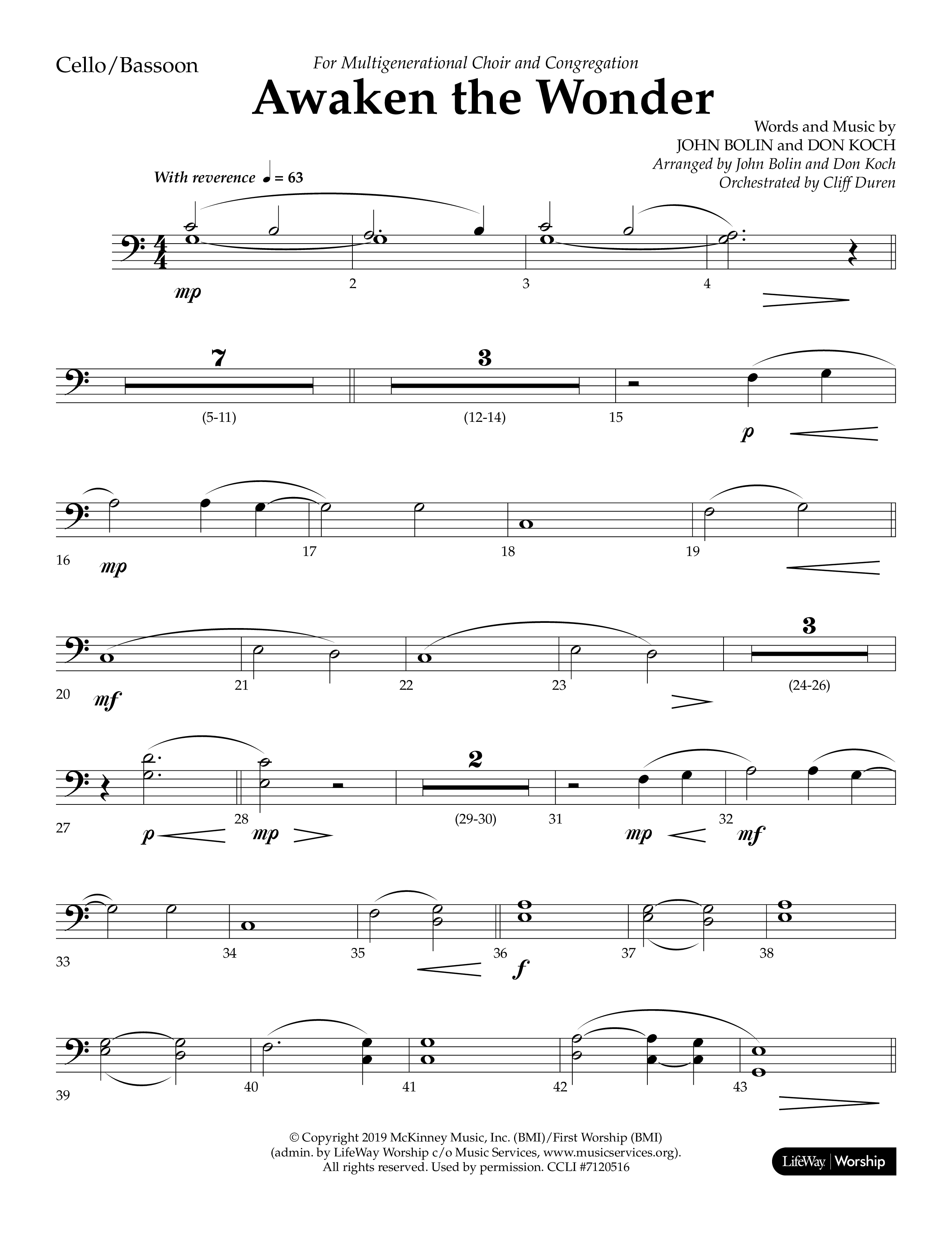 Awaken The Wonder (Choral Anthem SATB) Cello (Lifeway Choral / Arr. John Bolin / Arr. Don Koch)