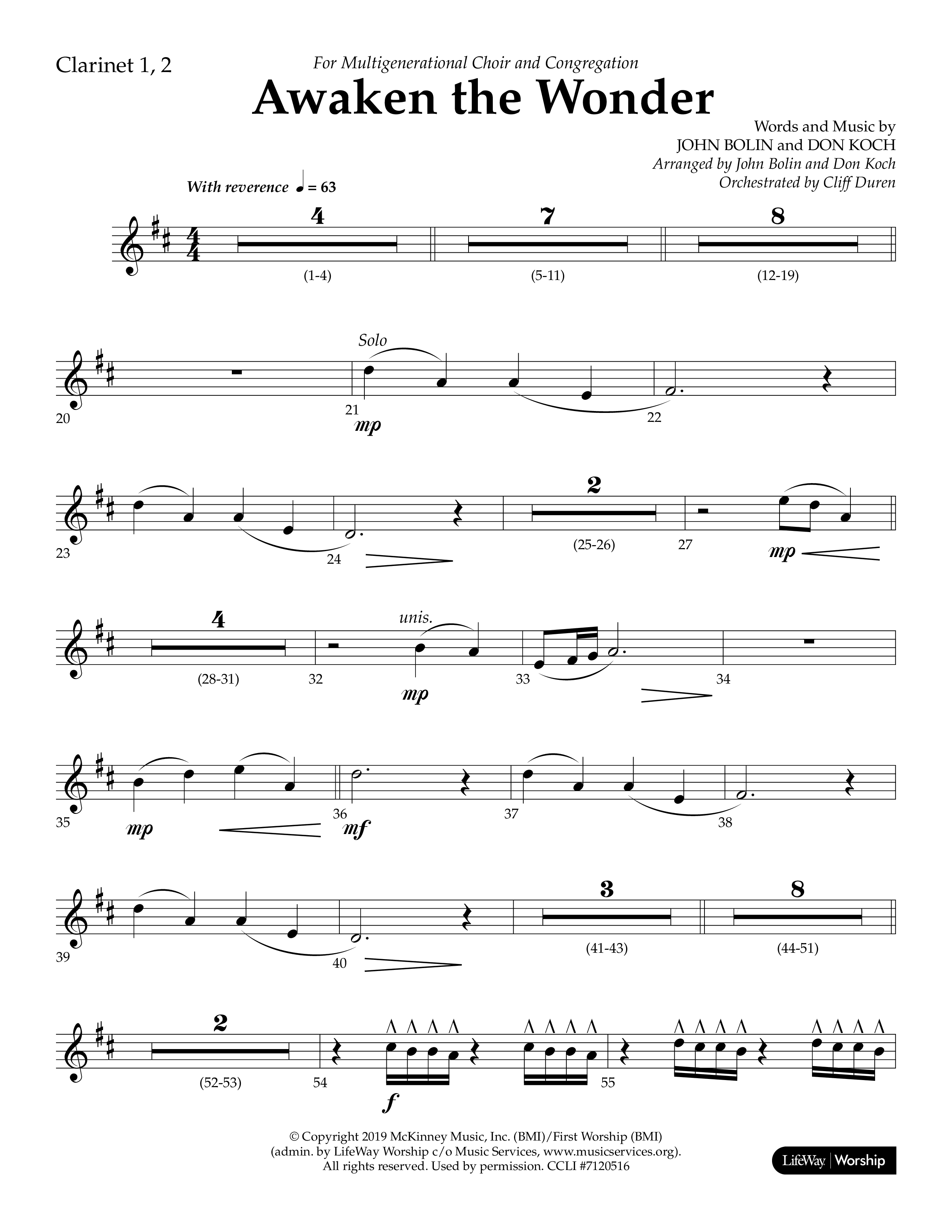 Awaken The Wonder (Choral Anthem SATB) Clarinet 1/2 (Lifeway Choral / Arr. John Bolin / Arr. Don Koch)