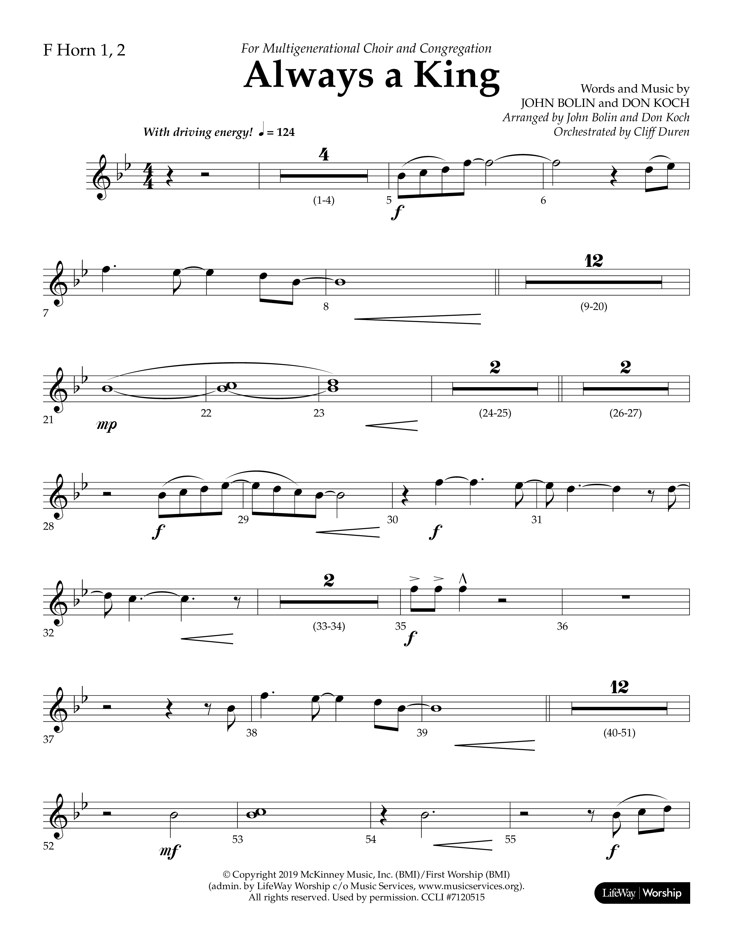 Always A King (Choral Anthem SATB) French Horn 1/2 (Lifeway Choral / Arr. John Bolin / Arr. Don Koch)
