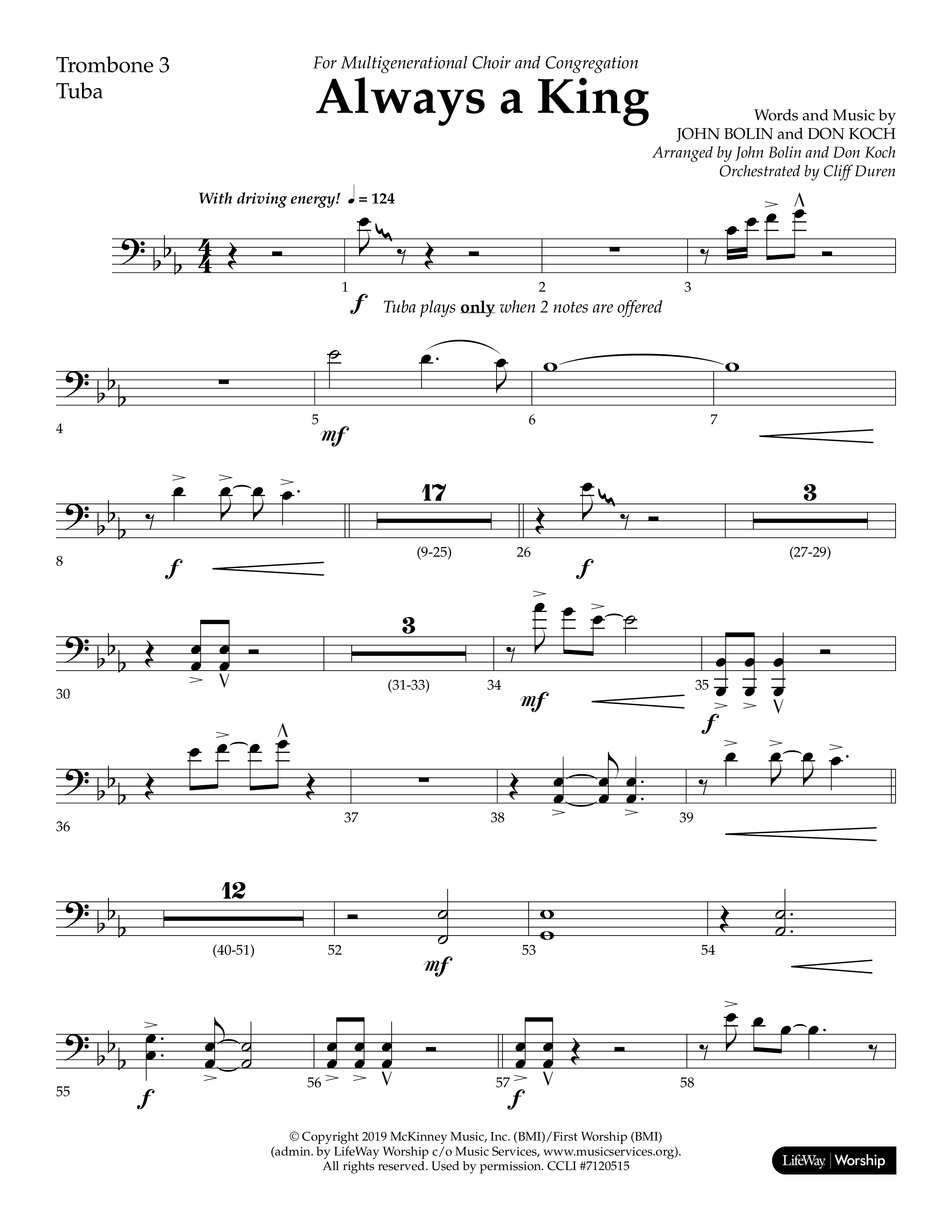 Always A King (Choral Anthem SATB) Trombone 3/Tuba (Lifeway Choral / Arr. John Bolin / Arr. Don Koch)