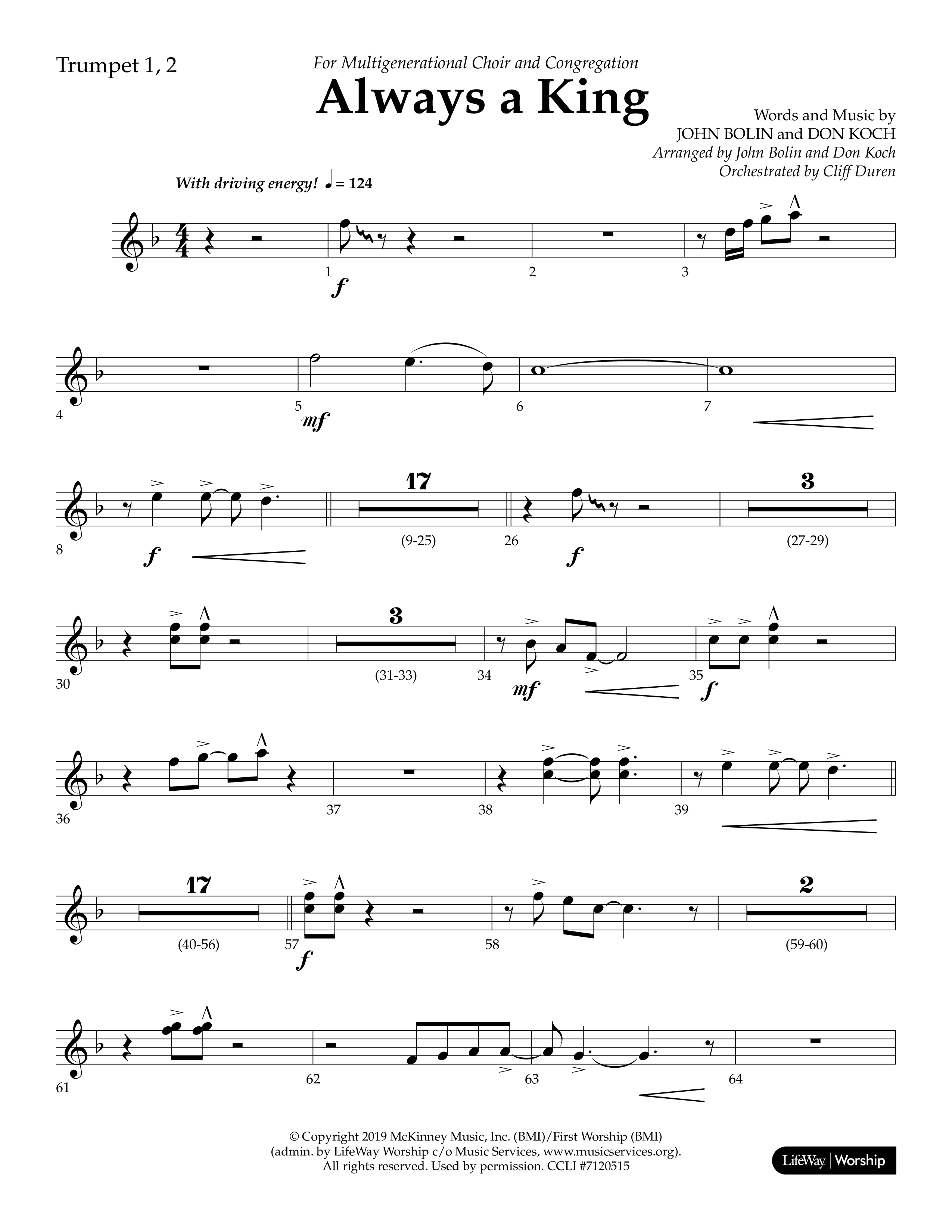 Always A King (Choral Anthem SATB) Trumpet 1,2 (Lifeway Choral / Arr. John Bolin / Arr. Don Koch)