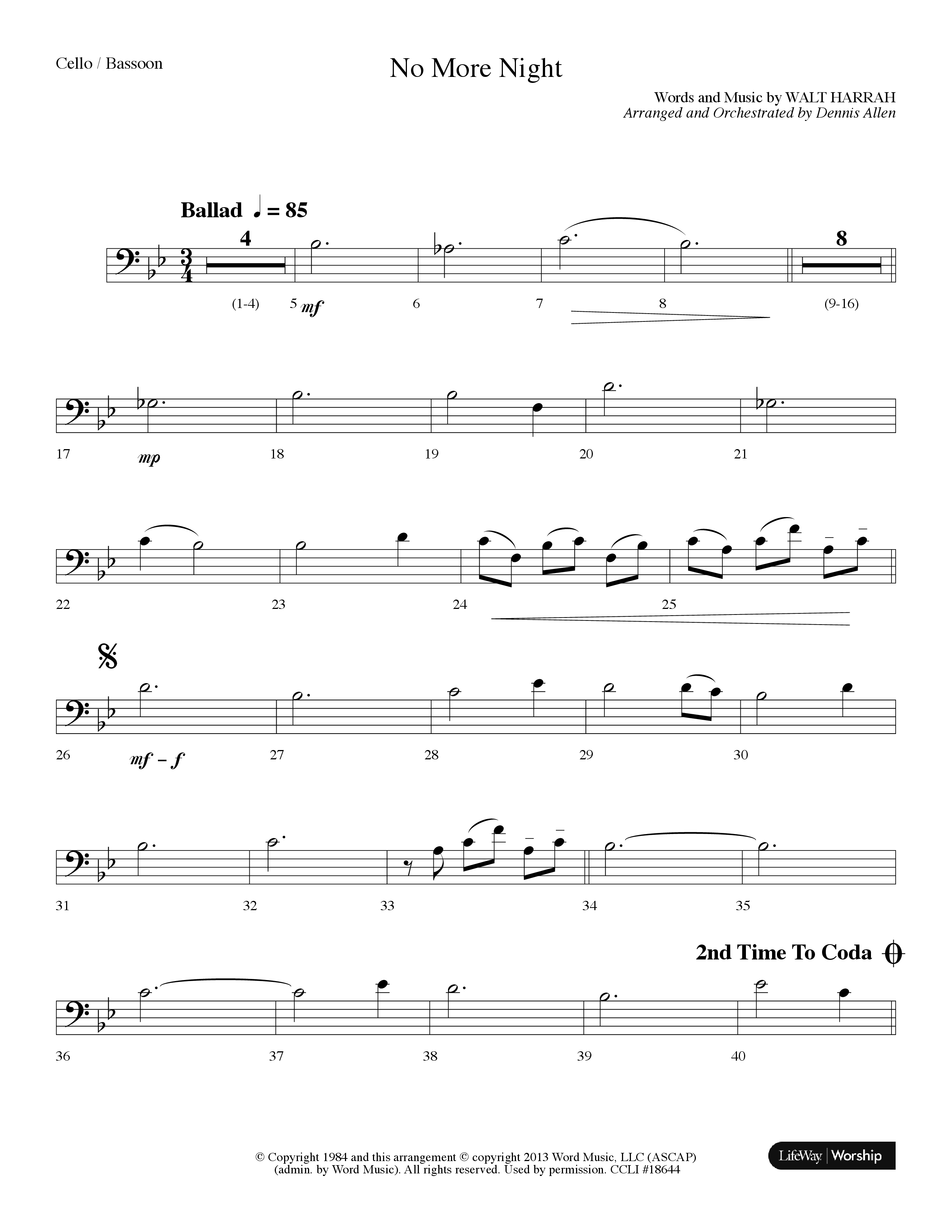 No More Night (Choral Anthem SATB) Cello (Lifeway Choral / Arr. Dennis Allen)