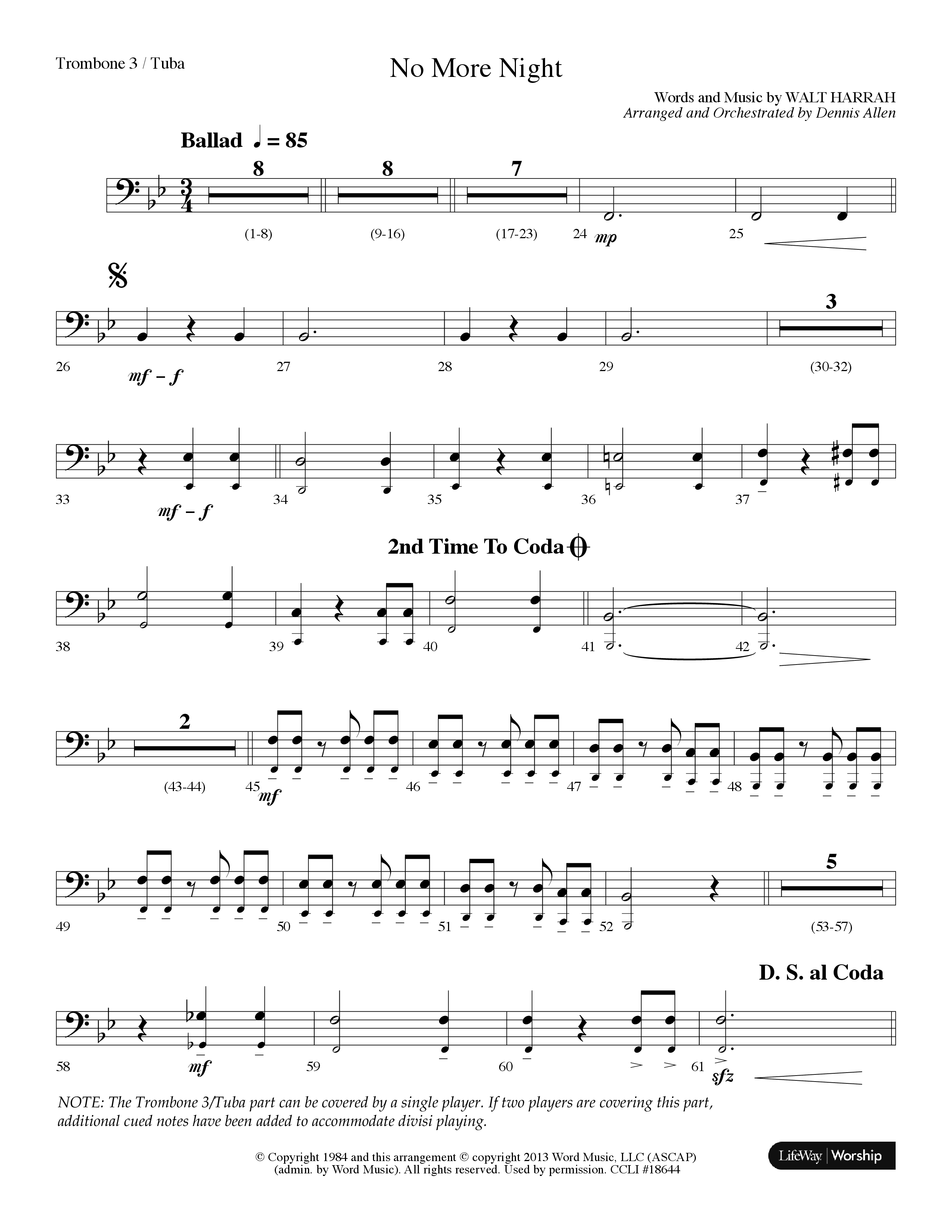 No More Night (Choral Anthem SATB) Trombone 3/Tuba (Lifeway Choral / Arr. Dennis Allen)
