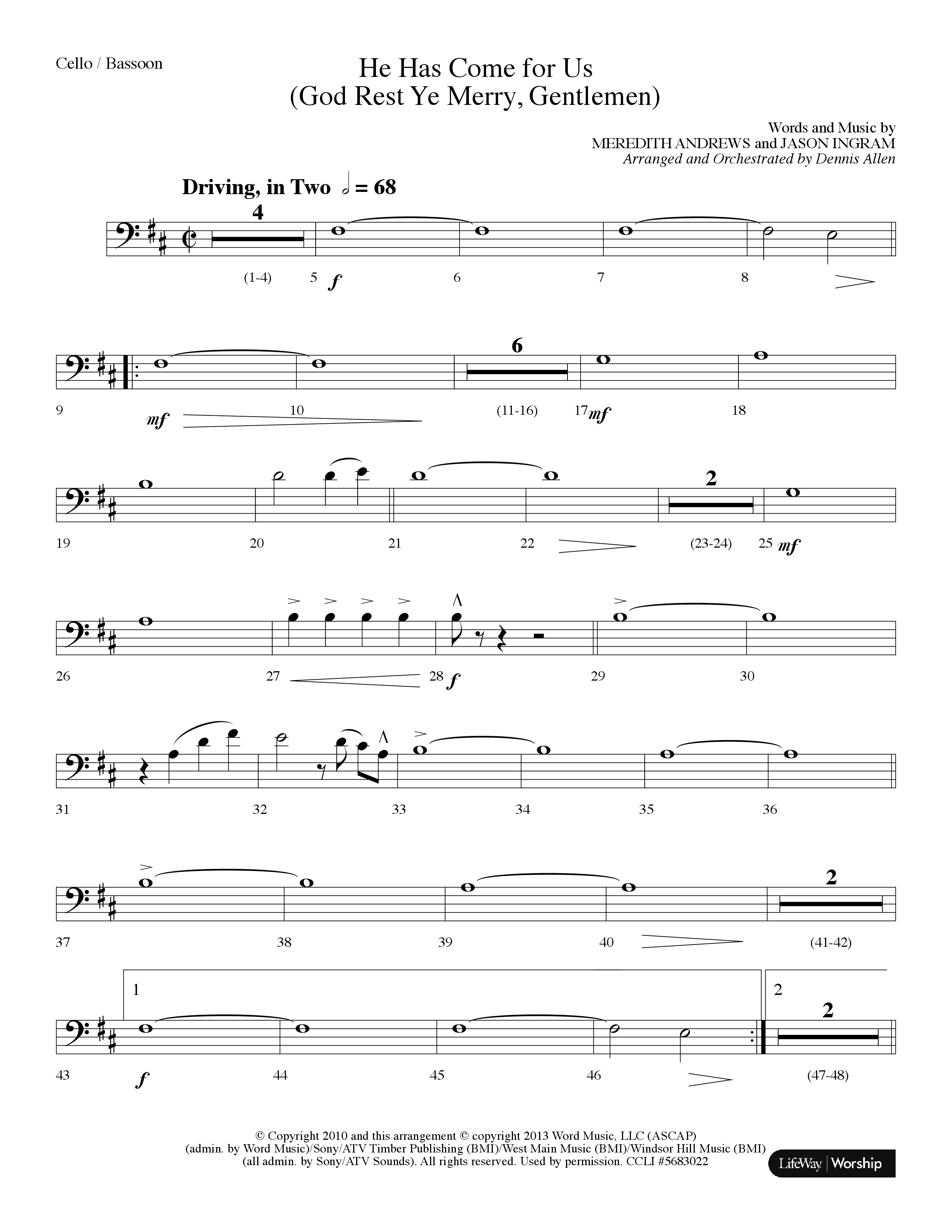 He Has Come For Us (God Rest Ye Merry Gentlemen) (Choral Anthem SATB) Cello (Lifeway Choral / Arr. Dennis Allen)