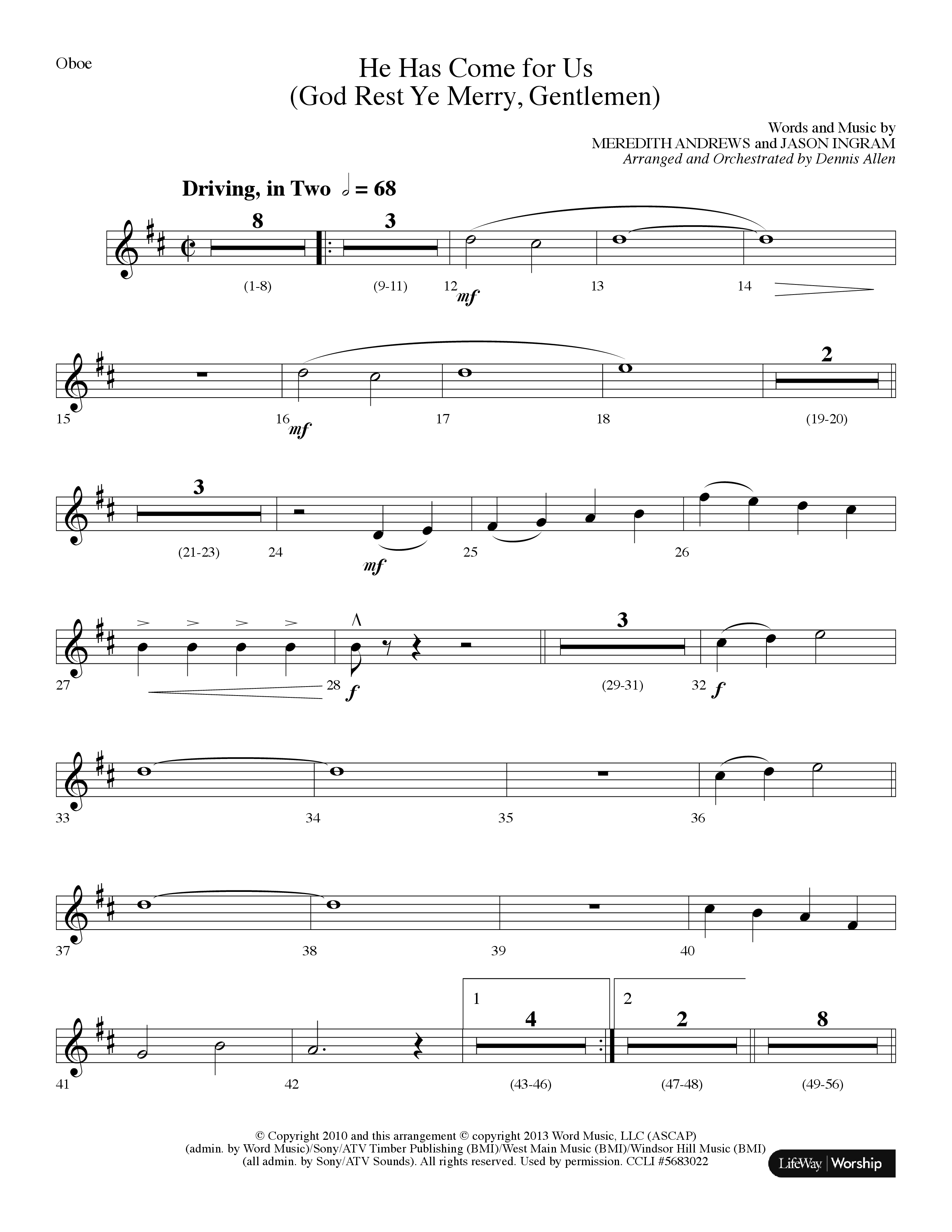 He Has Come For Us (God Rest Ye Merry Gentlemen) (Choral Anthem SATB) Oboe (Lifeway Choral / Arr. Dennis Allen)