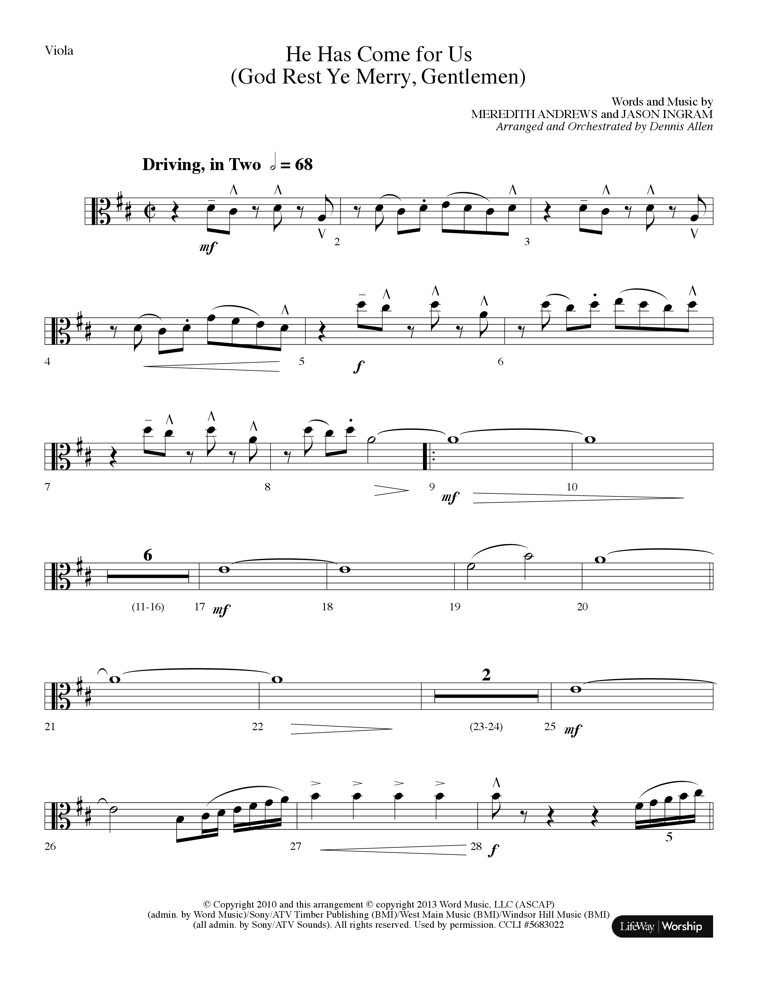 He Has Come For Us (God Rest Ye Merry Gentlemen) (Choral Anthem SATB) Viola (Lifeway Choral / Arr. Dennis Allen)