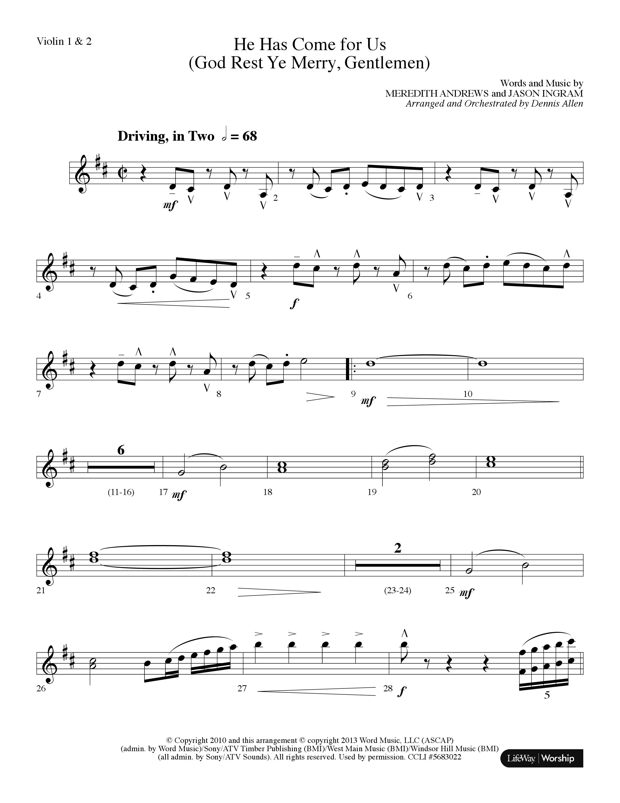 He Has Come For Us (God Rest Ye Merry Gentlemen) (Choral Anthem SATB) Violin 1/2 (Lifeway Choral / Arr. Dennis Allen)