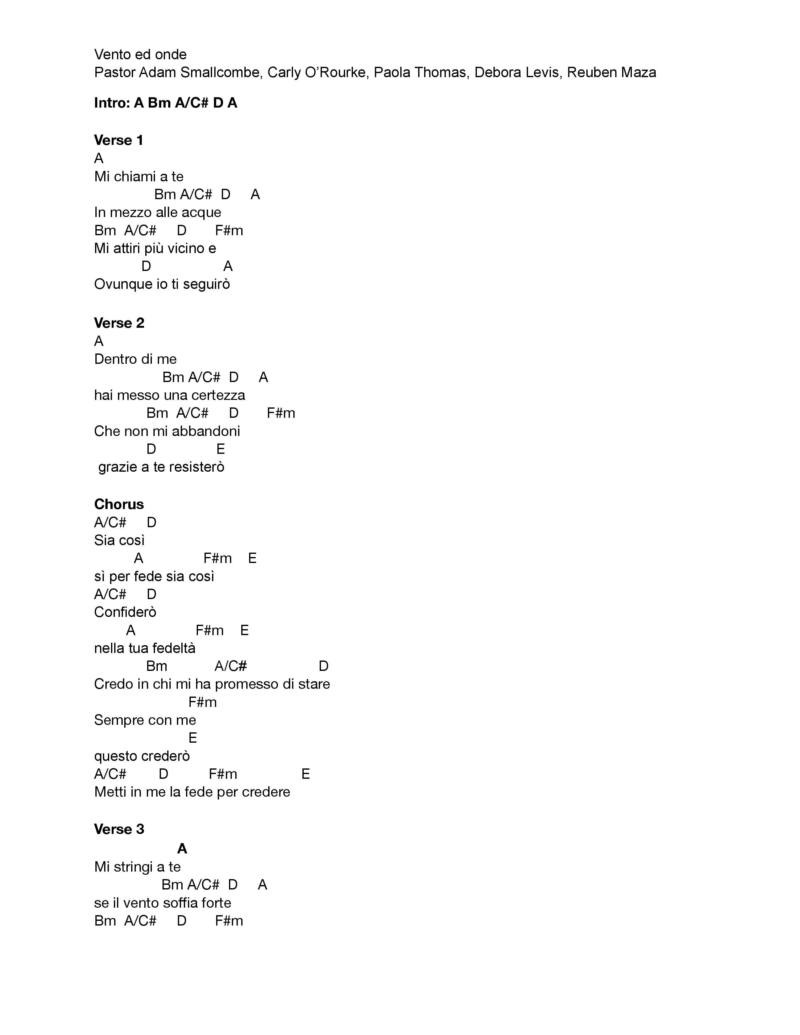 Vento ed onde (Live) Chord Chart (VIVE Worship Italia)