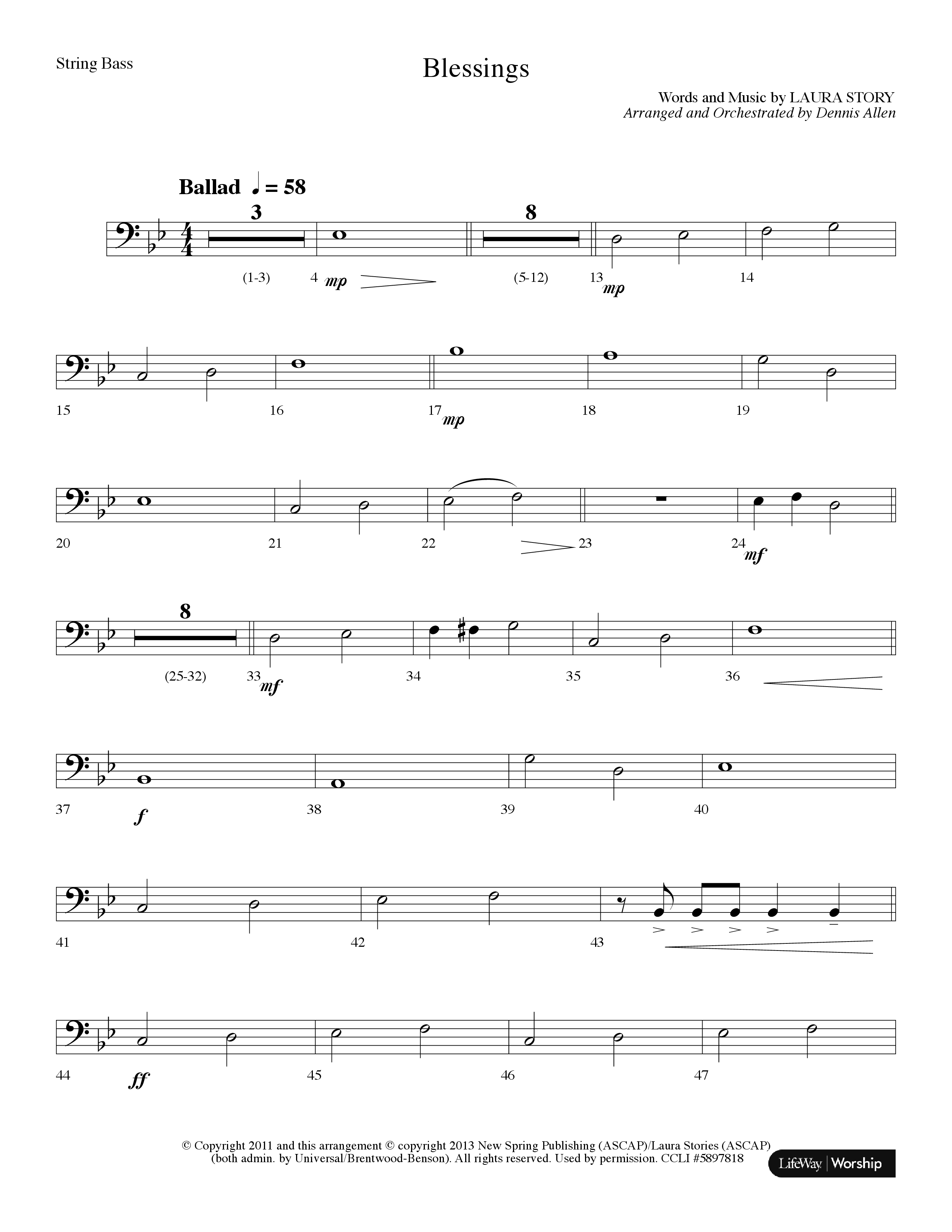 Blessings (Choral Anthem SATB) String Bass (Lifeway Choral / Arr. Dennis Allen)