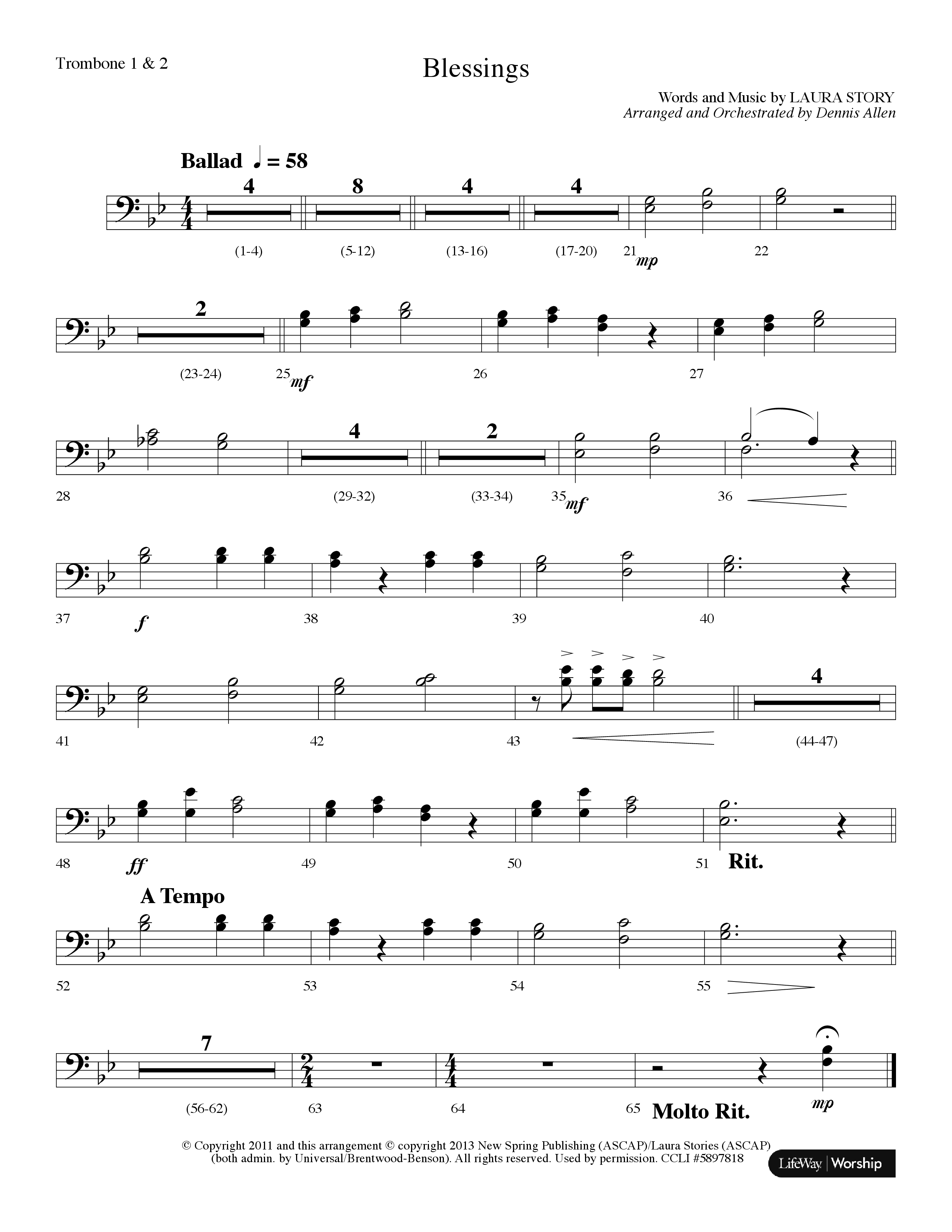 Blessings (Choral Anthem SATB) Trombone 1/2 (Lifeway Choral / Arr. Dennis Allen)
