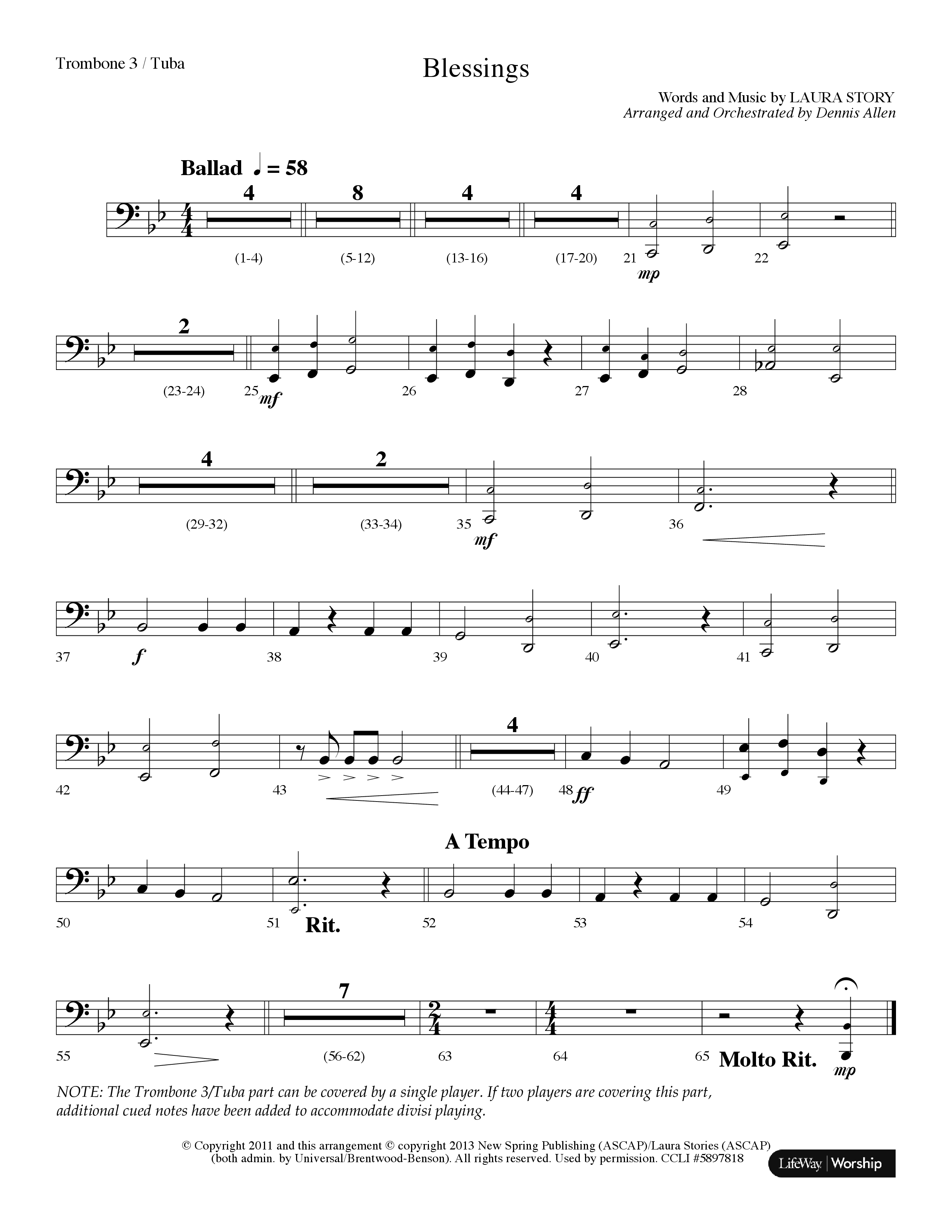 Blessings (Choral Anthem SATB) Trombone 3/Tuba (Lifeway Choral / Arr. Dennis Allen)