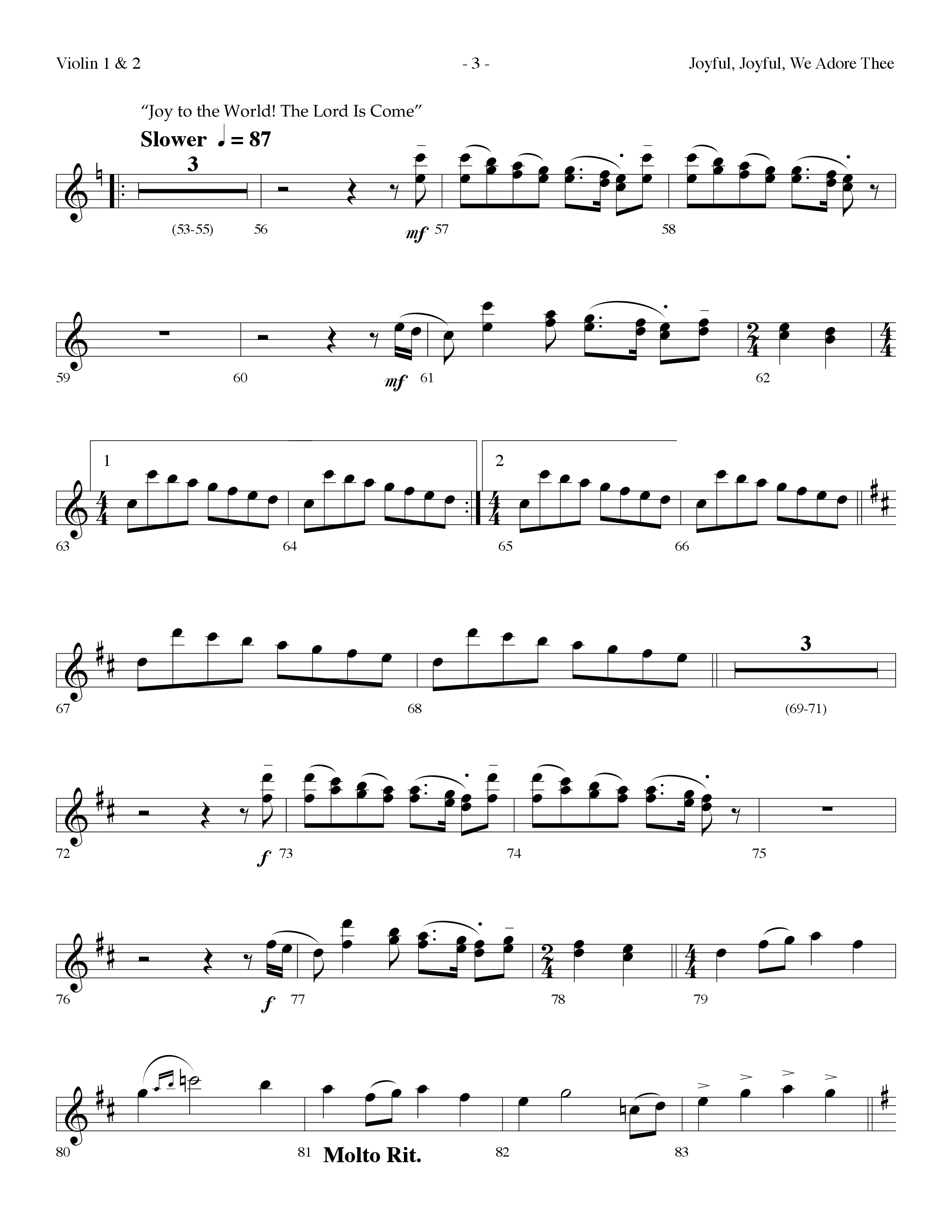 Joyful Joyful We Adore Thee (Choral Anthem SATB) Violin 1/2 (Lifeway Choral / Arr. Dennis Allen)