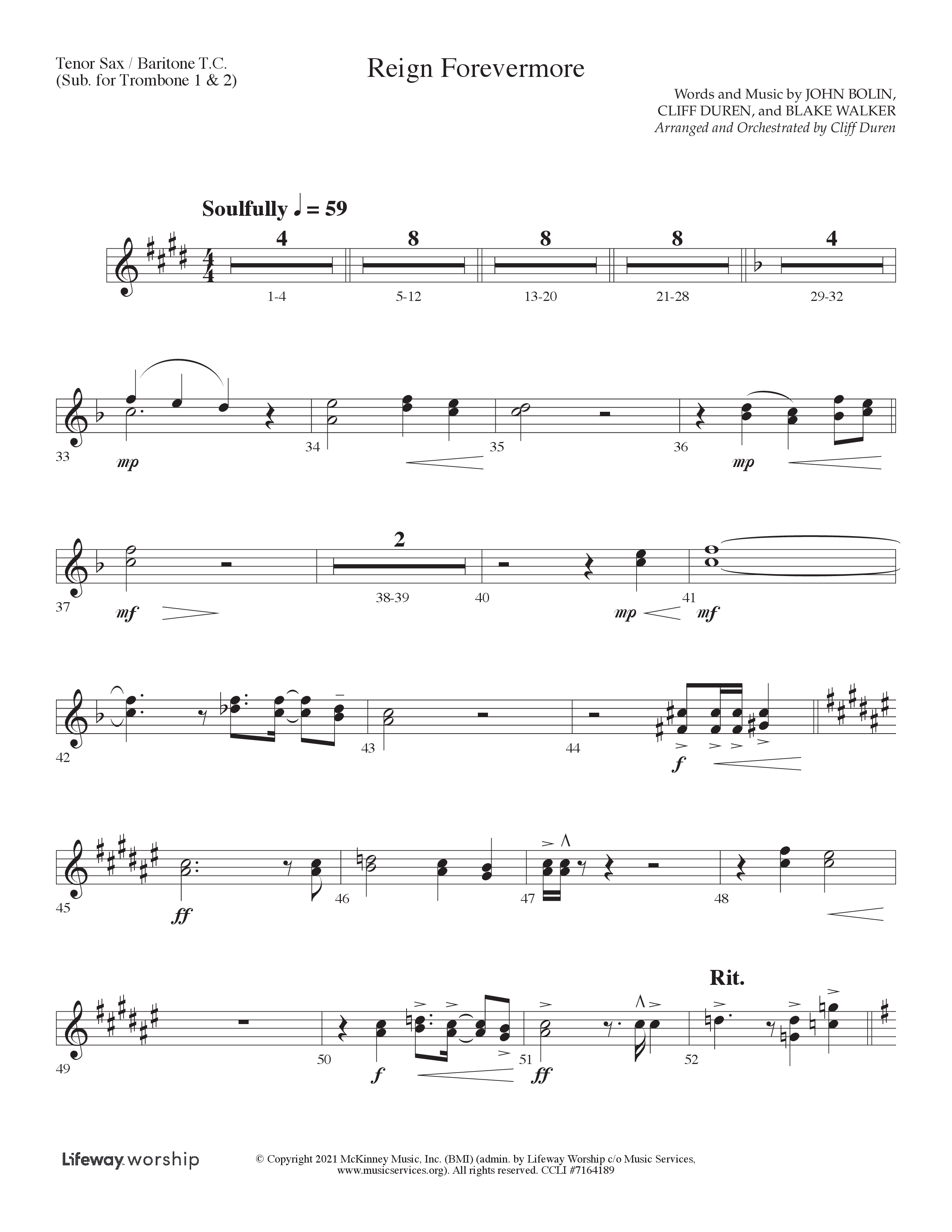 Reign Forevermore (Choral Anthem SATB) Tenor Sax/Baritone T.C. (Lifeway Choral / Arr. Cliff Duren)