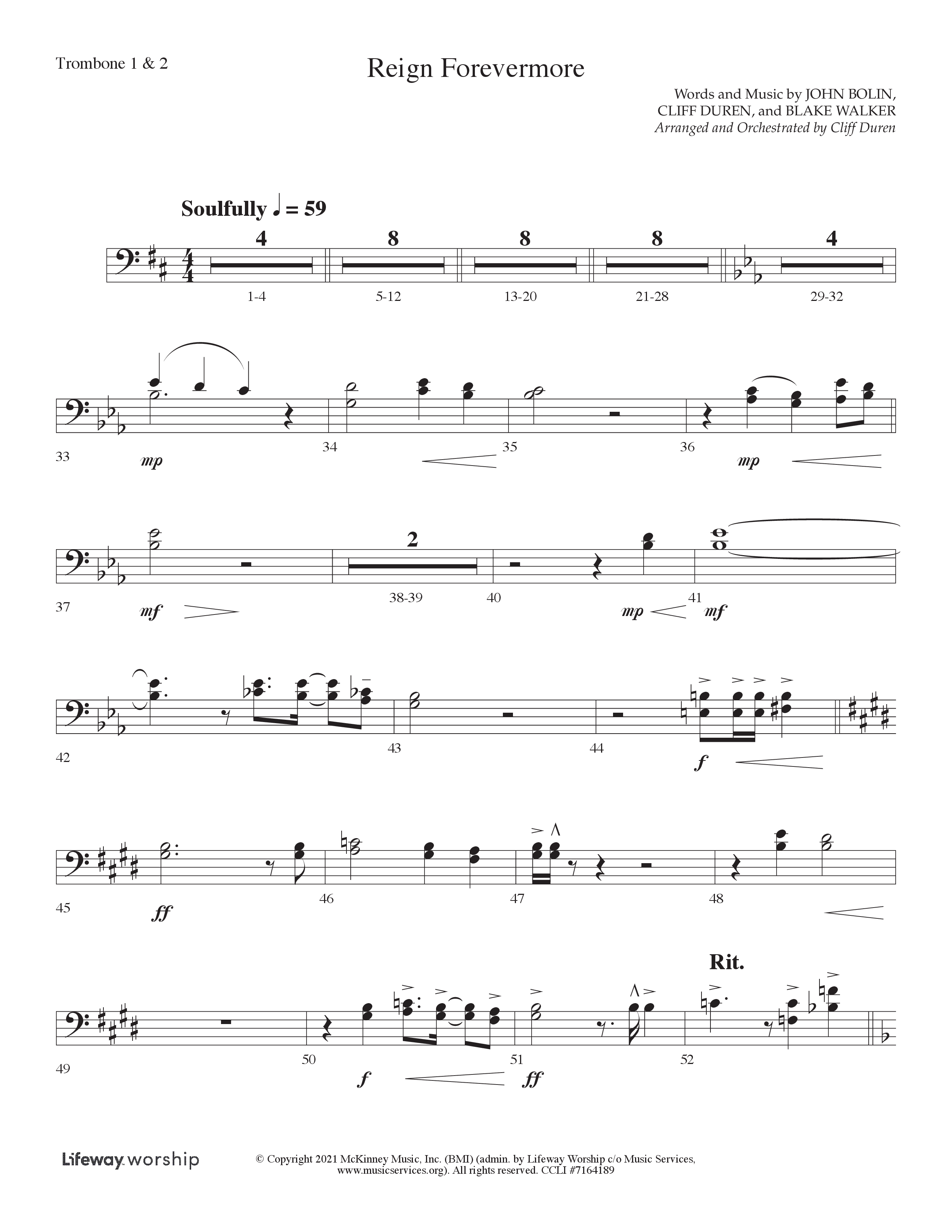 Reign Forevermore (Choral Anthem SATB) Trombone 1/2 (Lifeway Choral / Arr. Cliff Duren)