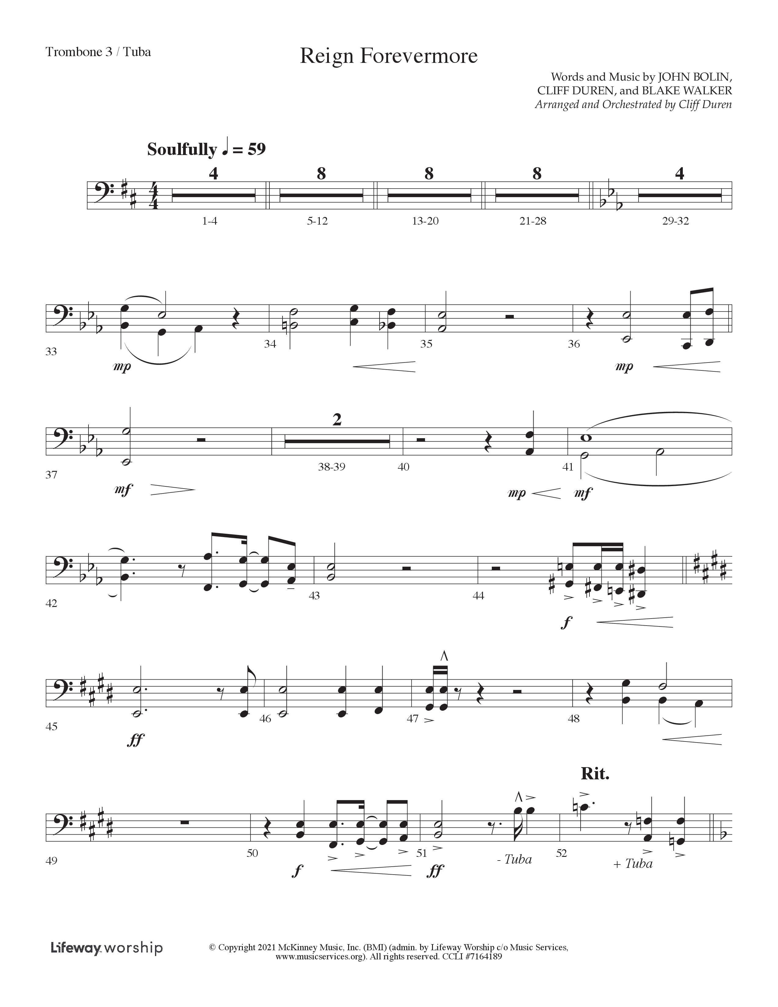 Reign Forevermore (Choral Anthem SATB) Trombone 3/Tuba (Lifeway Choral / Arr. Cliff Duren)