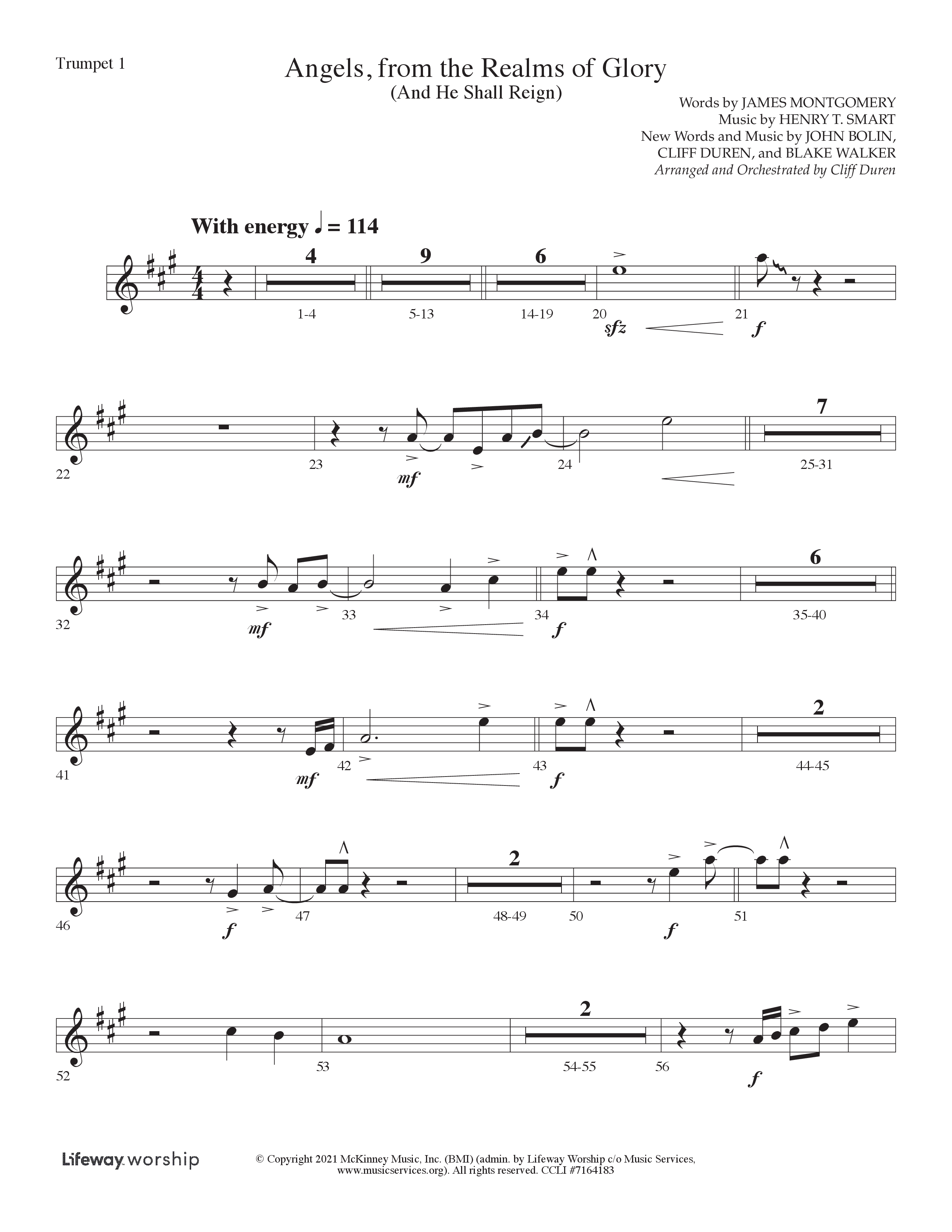 Angels From the Realms of Glory (And He Shall Reign) (Choral Anthem SATB) Trumpet 1 (Lifeway Choral / Arr. Cliff Duren)