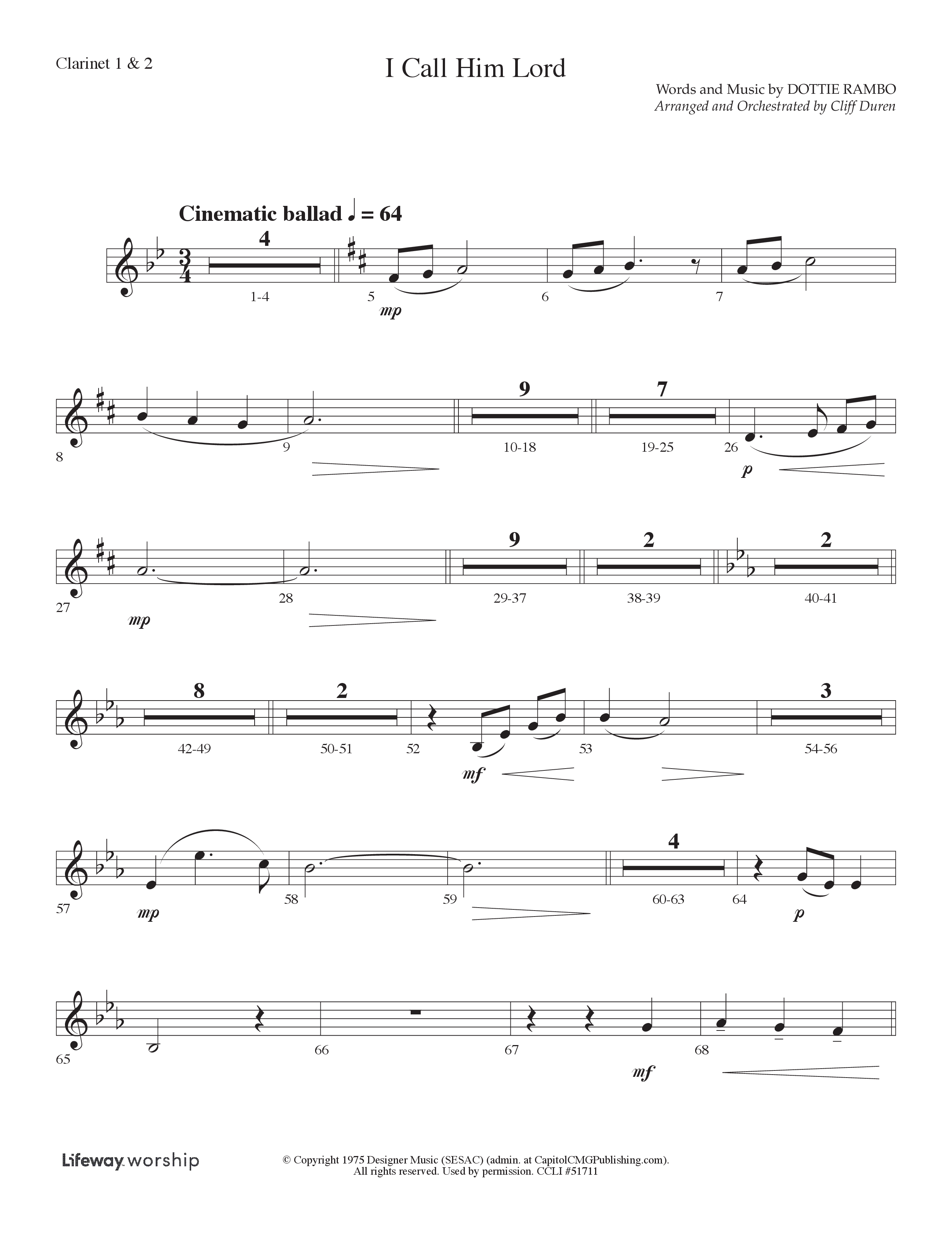 I Call Him Lord (Choral Anthem SATB) Clarinet 1/2 (Lifeway Choral / Arr. Cliff Duren)