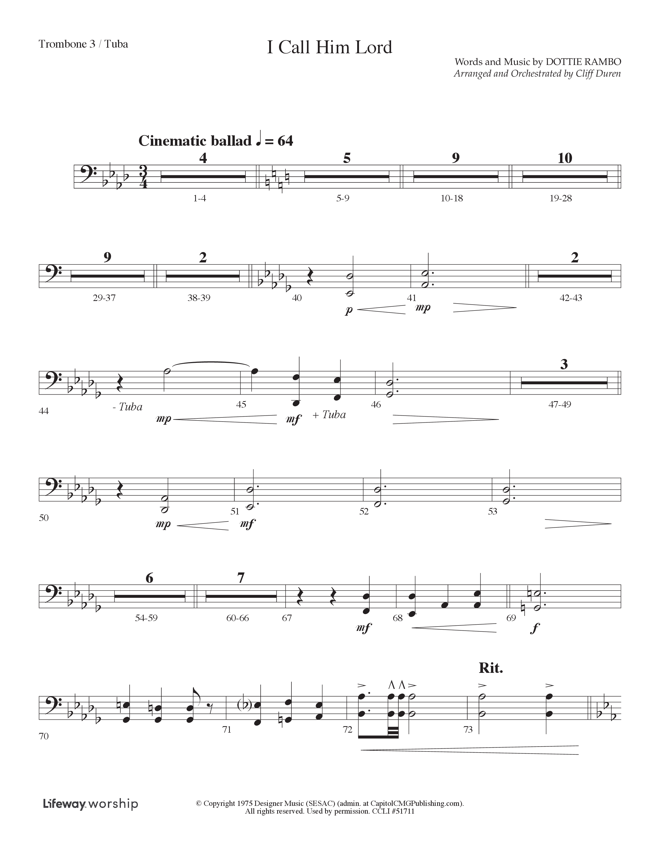 I Call Him Lord (Choral Anthem SATB) Trombone 3/Tuba (Lifeway Choral / Arr. Cliff Duren)