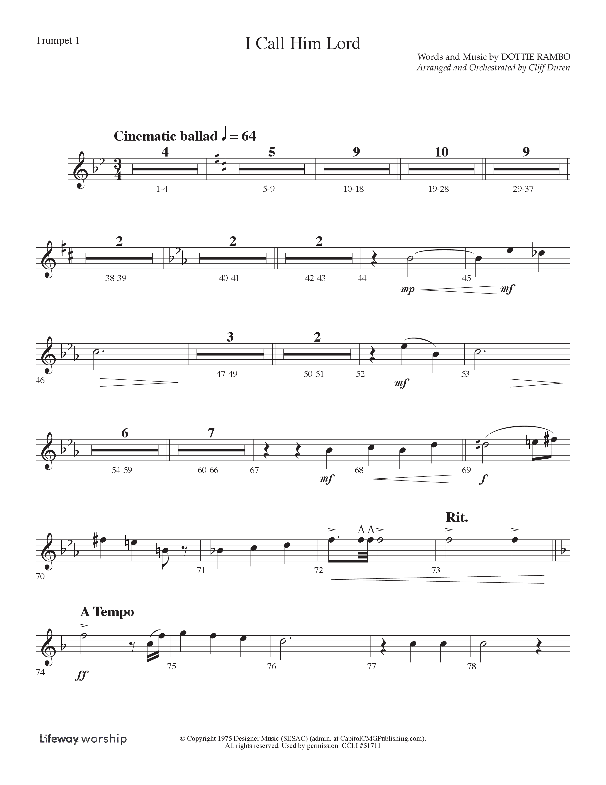I Call Him Lord (Choral Anthem SATB) Trumpet 1 (Lifeway Choral / Arr. Cliff Duren)