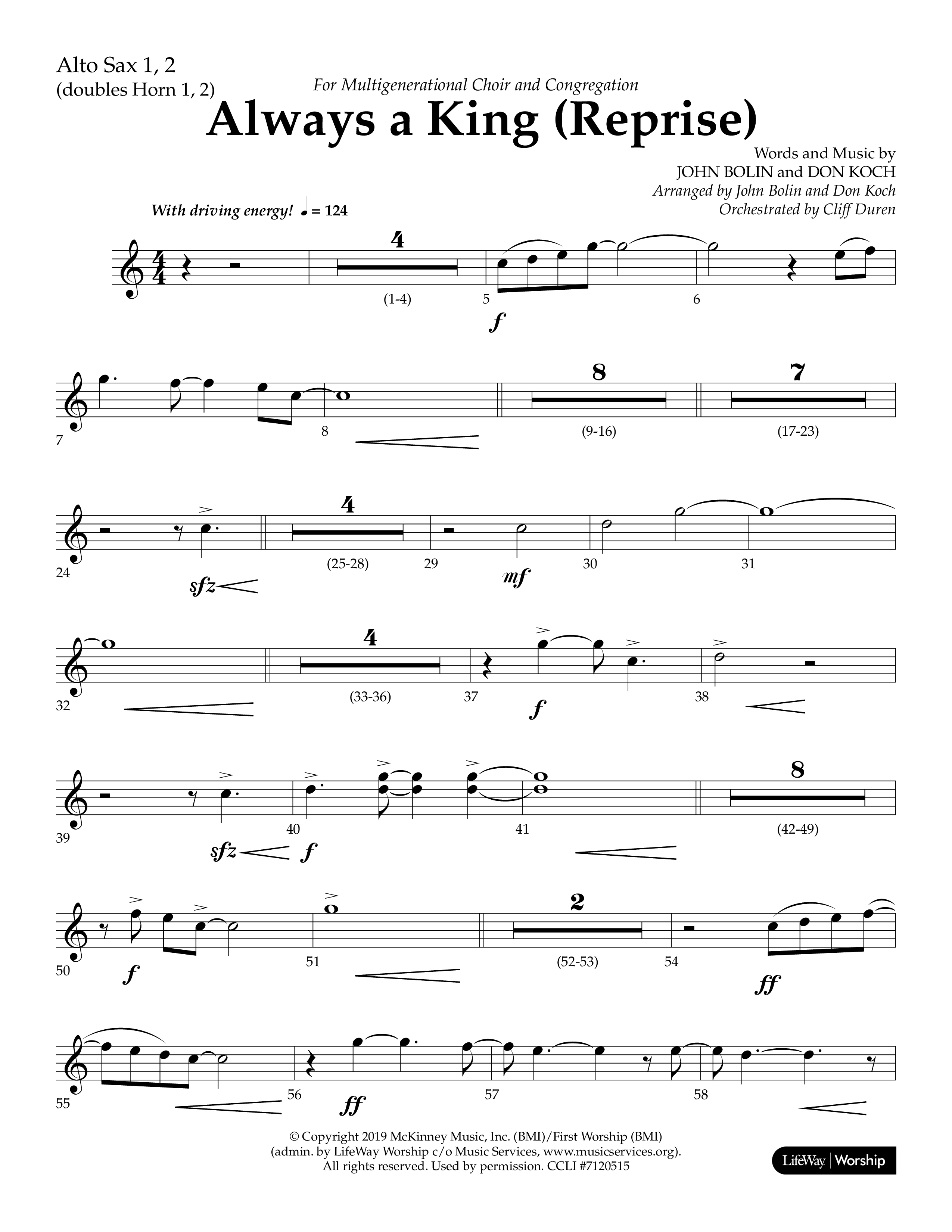Always A King (Reprise) (Choral Anthem SATB) Alto Sax 1/2 (Lifeway Choral / Arr. John Bolin / Arr. Don Koch)
