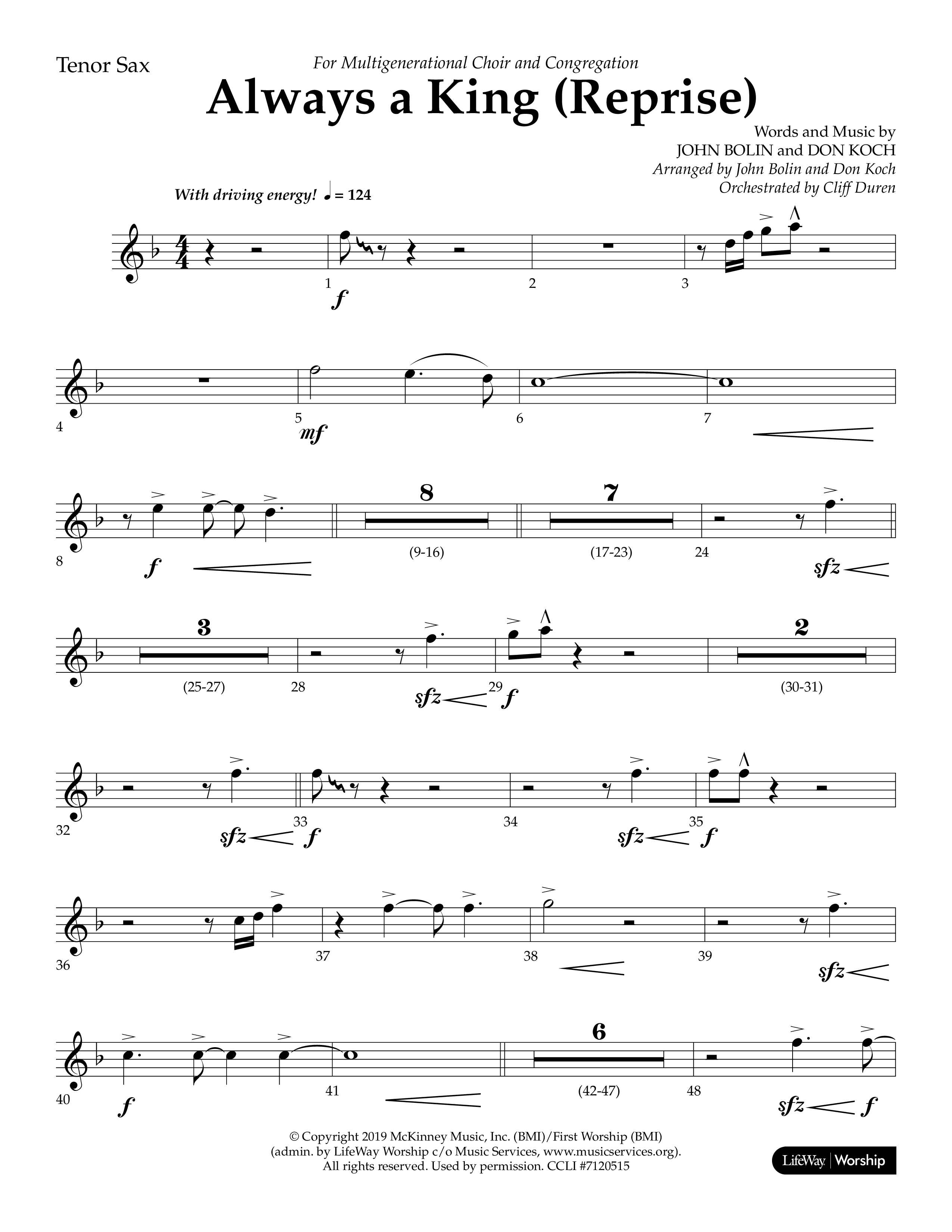 Always A King (Reprise) (Choral Anthem SATB) Tenor Sax 1 (Lifeway Choral / Arr. John Bolin / Arr. Don Koch)