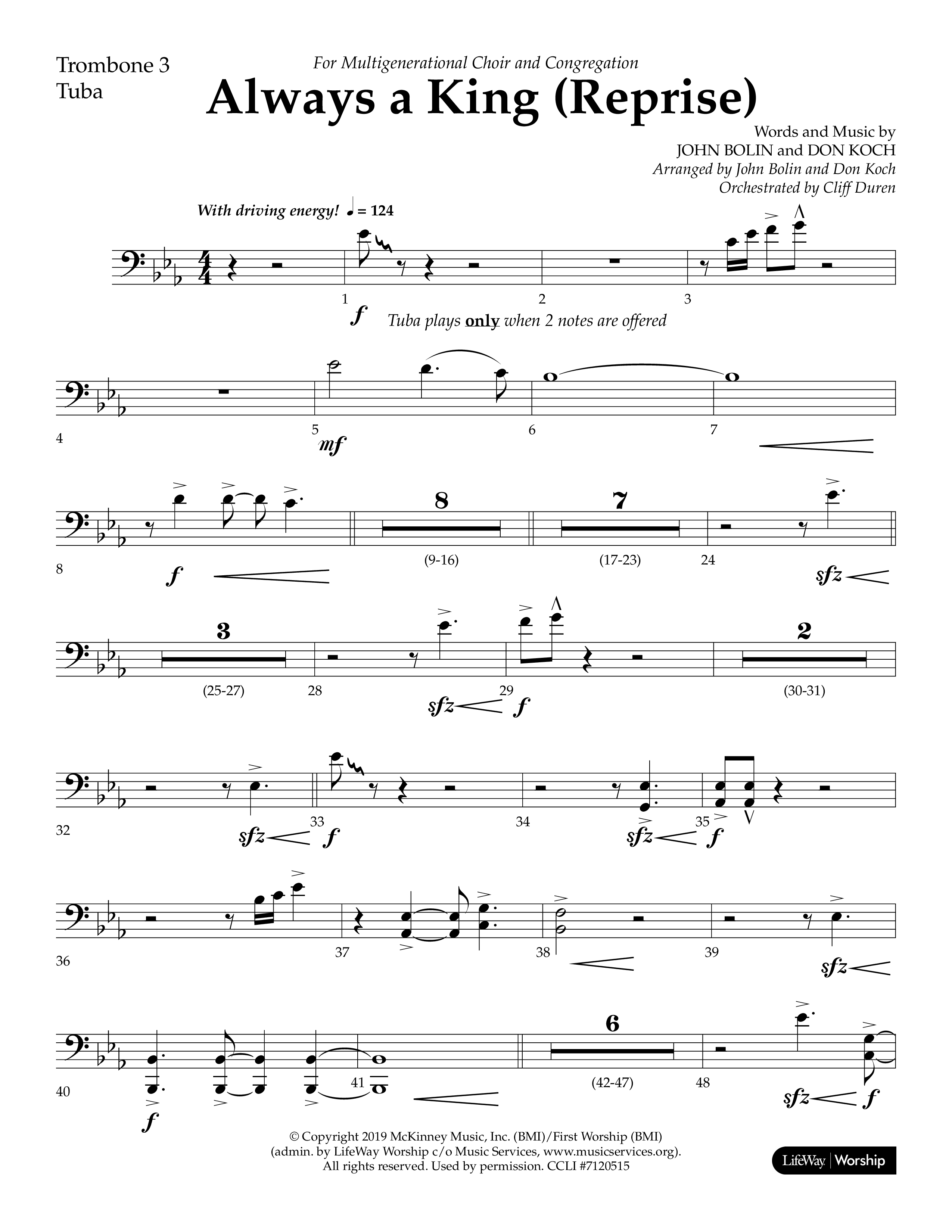 Always A King (Reprise) (Choral Anthem SATB) Trombone 3/Tuba (Lifeway Choral / Arr. John Bolin / Arr. Don Koch)