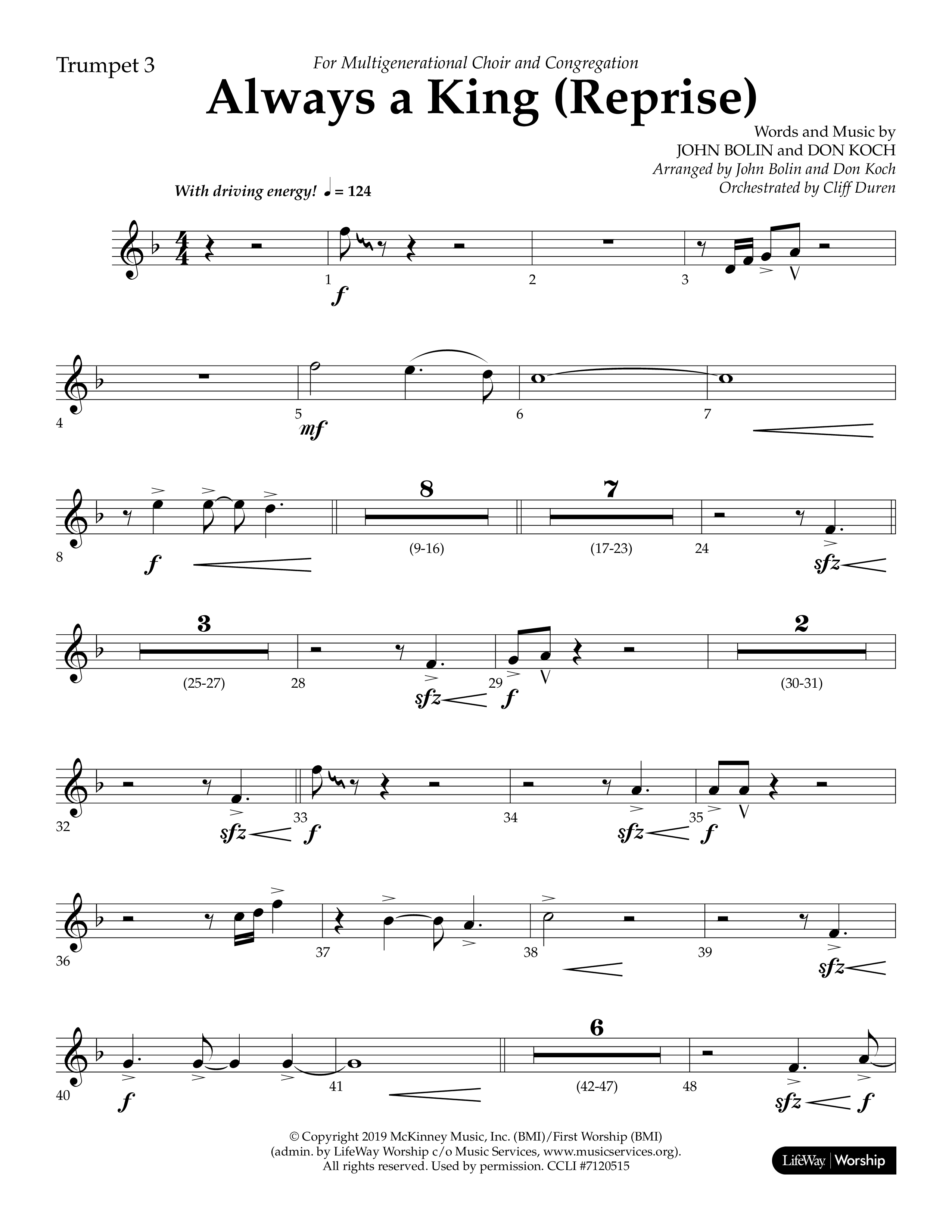 Always A King (Reprise) (Choral Anthem SATB) Trumpet 3 (Lifeway Choral / Arr. John Bolin / Arr. Don Koch)