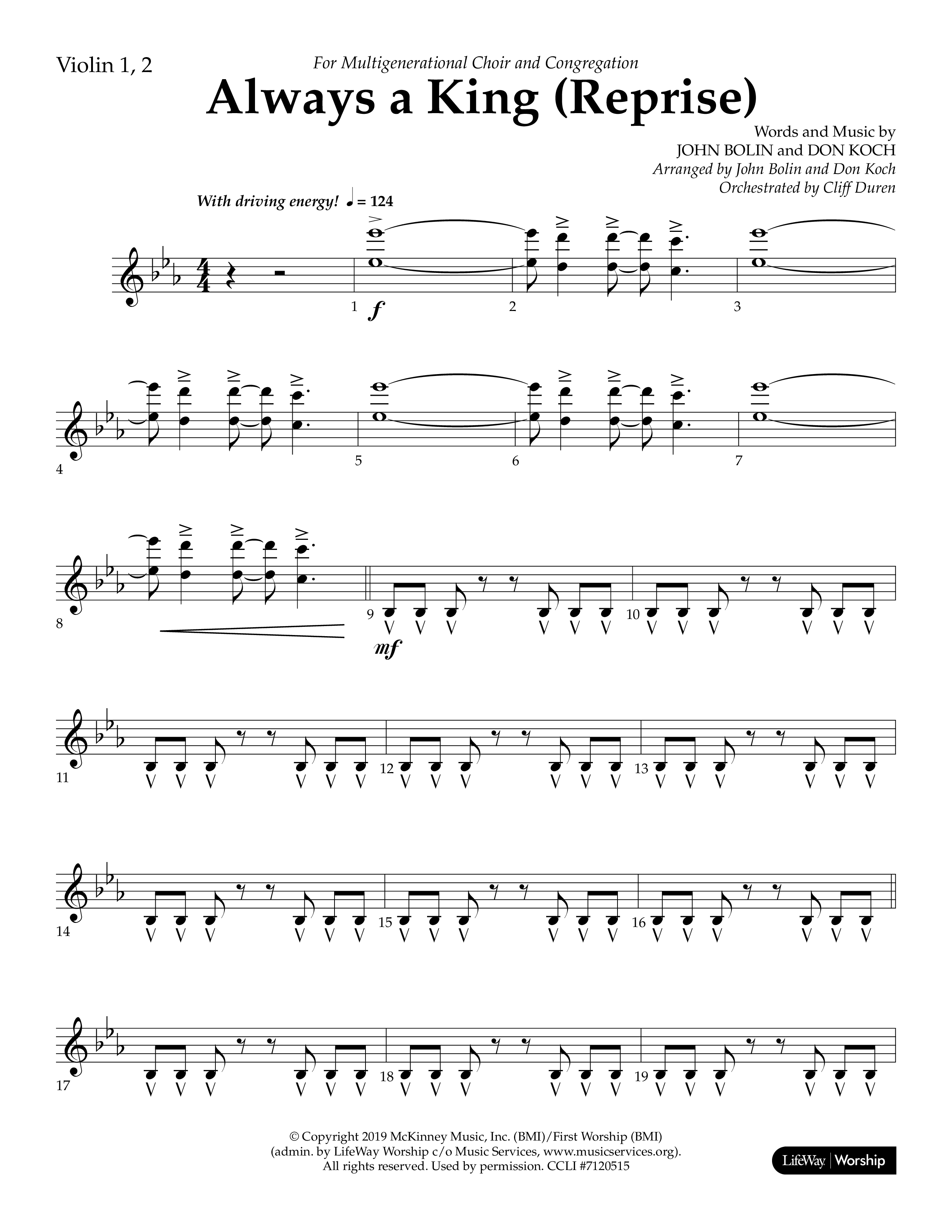 Always A King (Reprise) (Choral Anthem SATB) Violin 1/2 (Lifeway Choral / Arr. John Bolin / Arr. Don Koch)