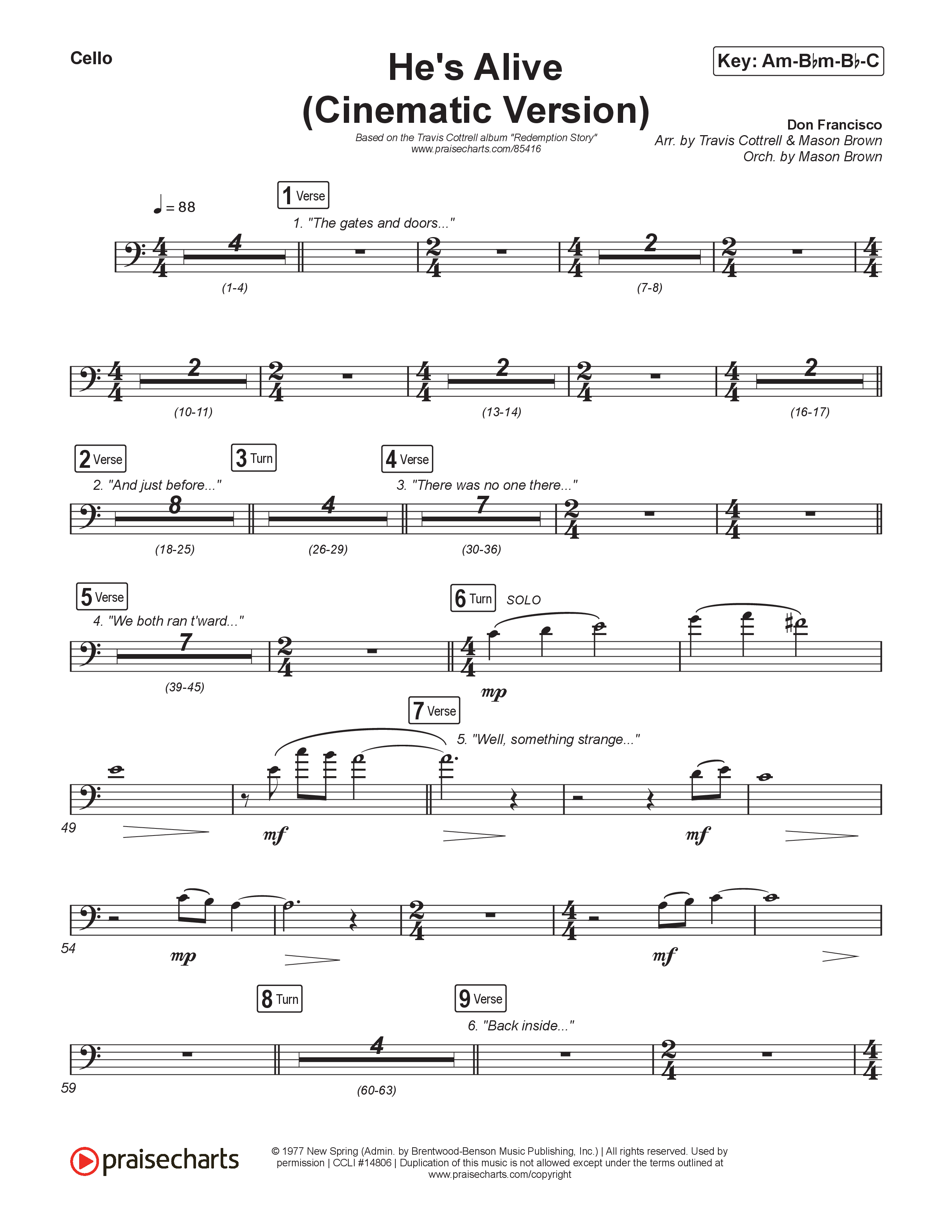 He's Alive (Cinematic Version) (Choral/SATB) Cello (Travis Cottrell / Arr. Mason Brown)