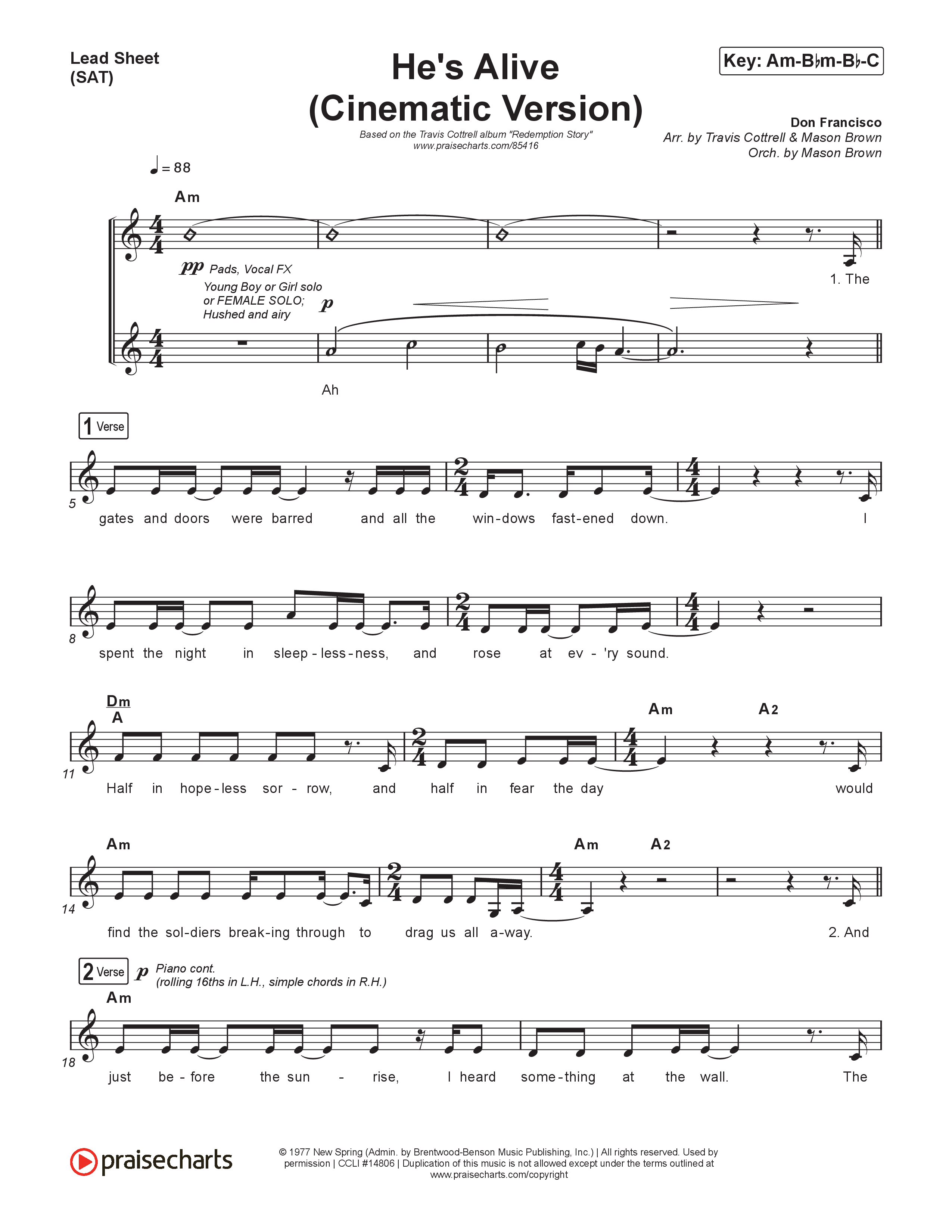He's Alive (Cinematic Version) (Choral/SATB) Lead Sheet (SAT) (Travis Cottrell / Arr. Mason Brown)