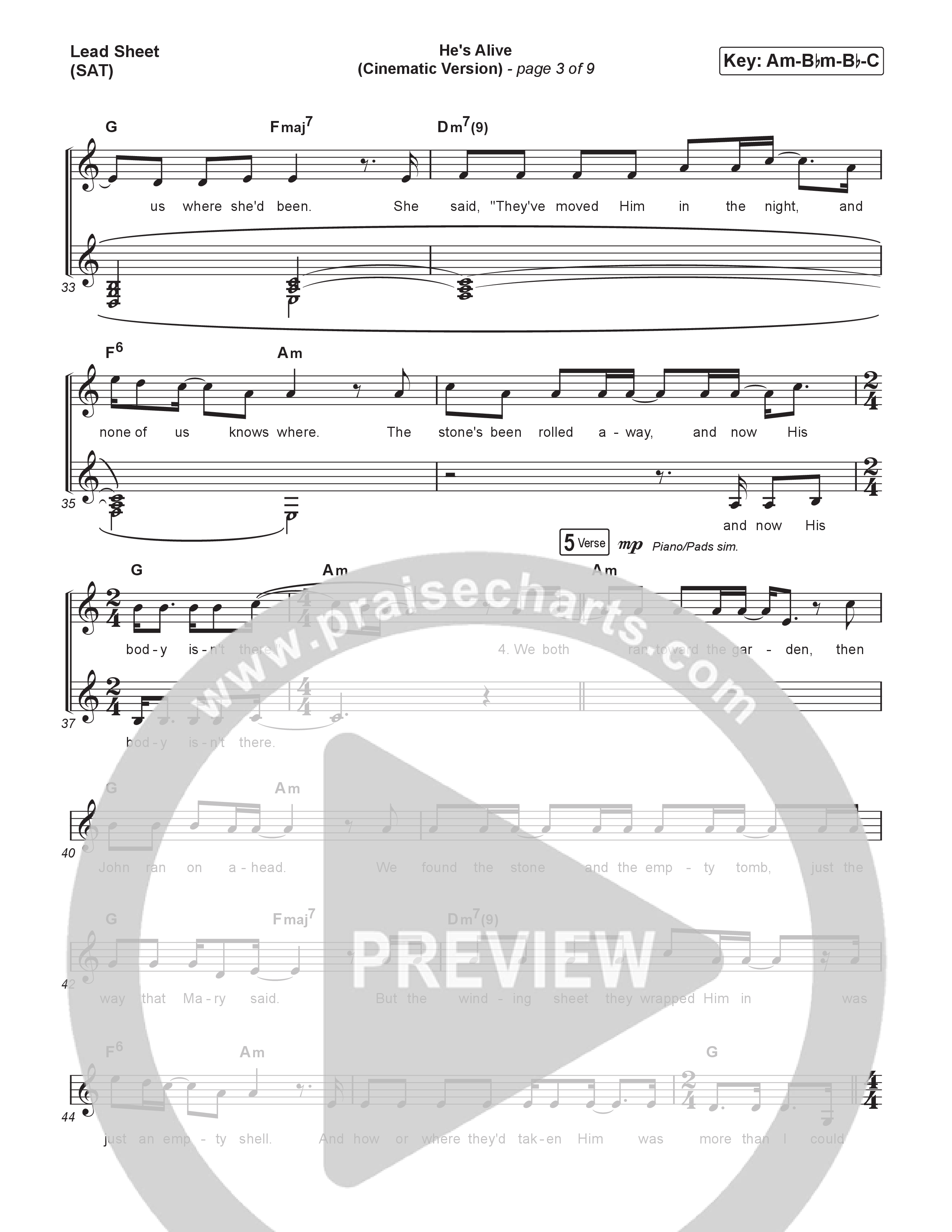 He's Alive (Cinematic Version) (Choral/SATB) Lead Sheet (SAT) (Travis Cottrell / Arr. Mason Brown)