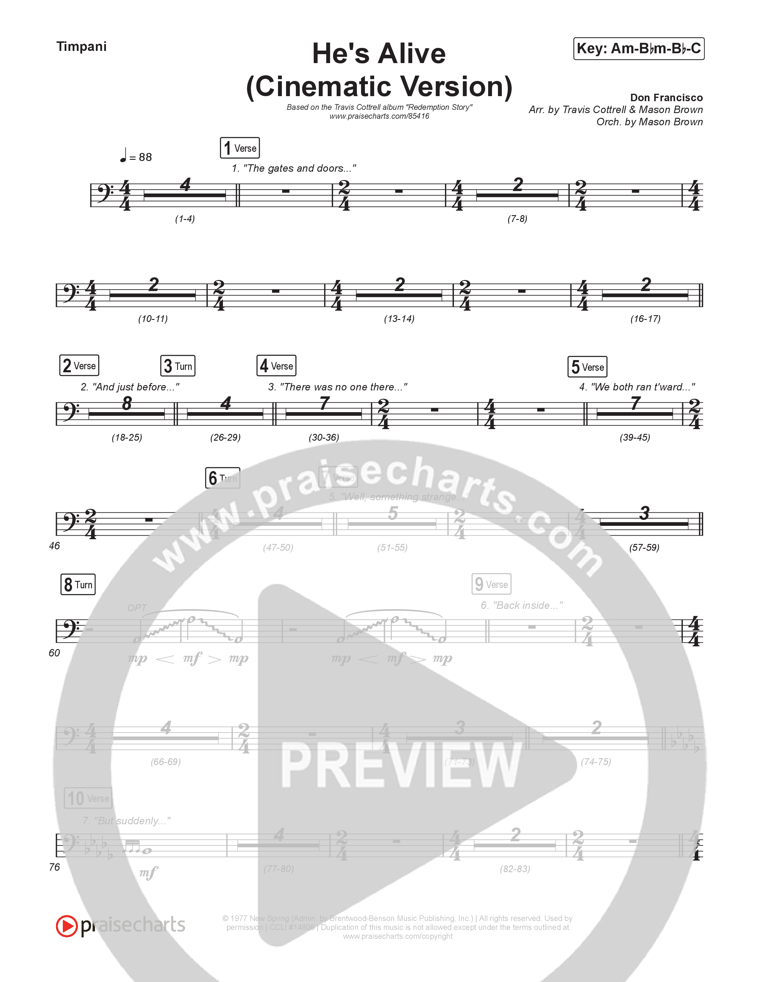 He's Alive (Cinematic Version) (Choral/SATB) Timpani (Travis Cottrell / Arr. Mason Brown)