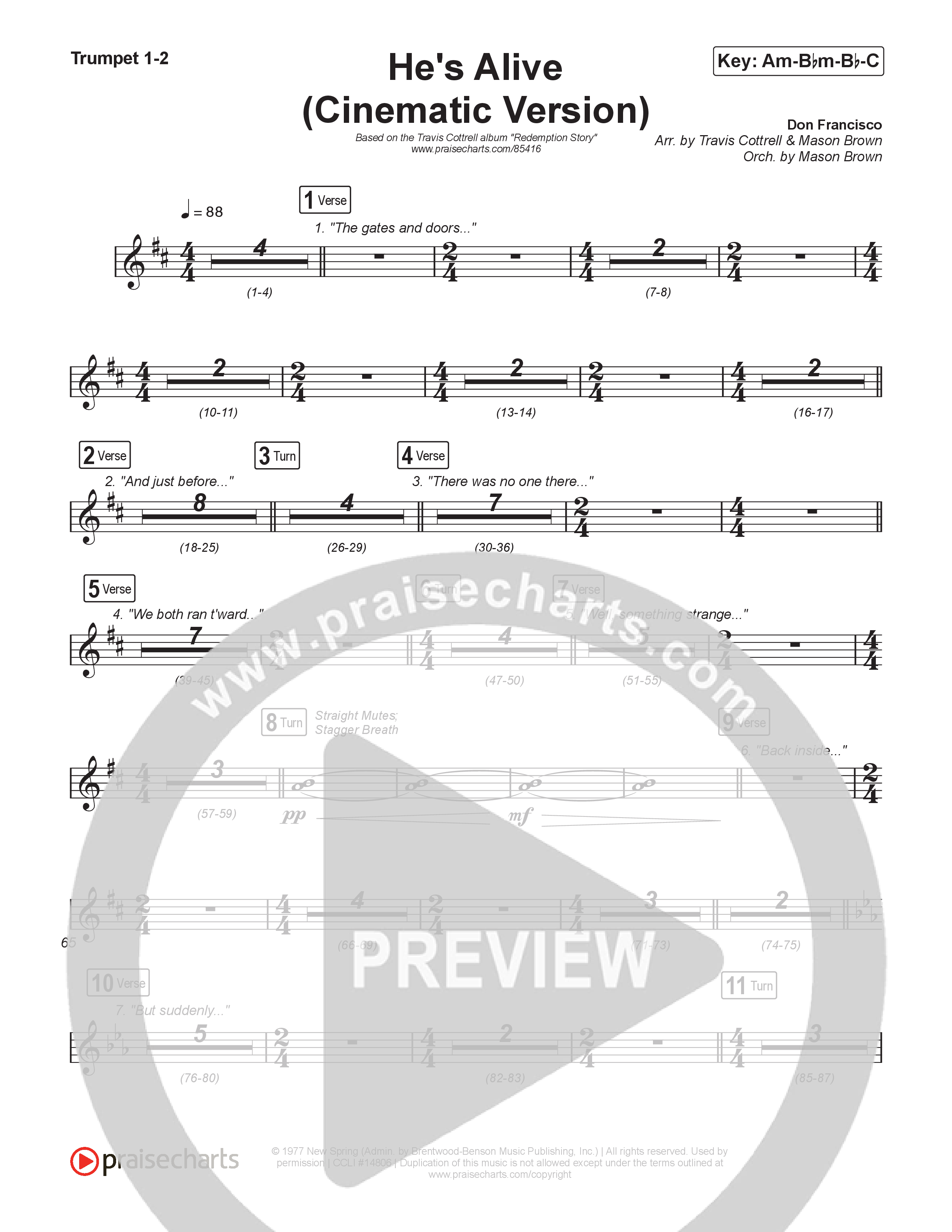 He's Alive (Cinematic Version) (Choral/SATB) Trumpet 1,2 (Travis Cottrell / Arr. Mason Brown)
